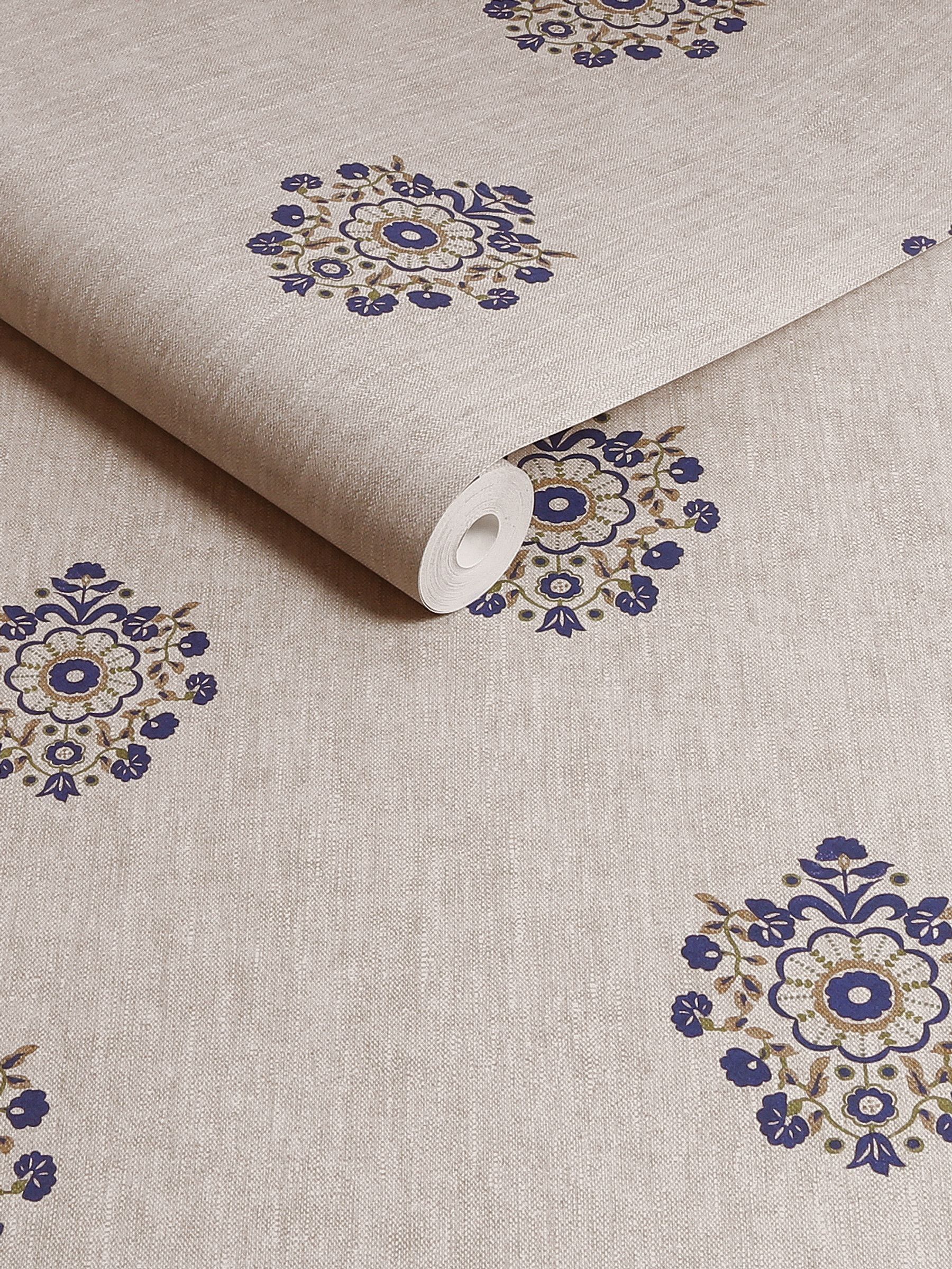 Linen or Blue Grove Motif Print Linen/Blue A4 Wallpaper Sample - Image 3 of 4