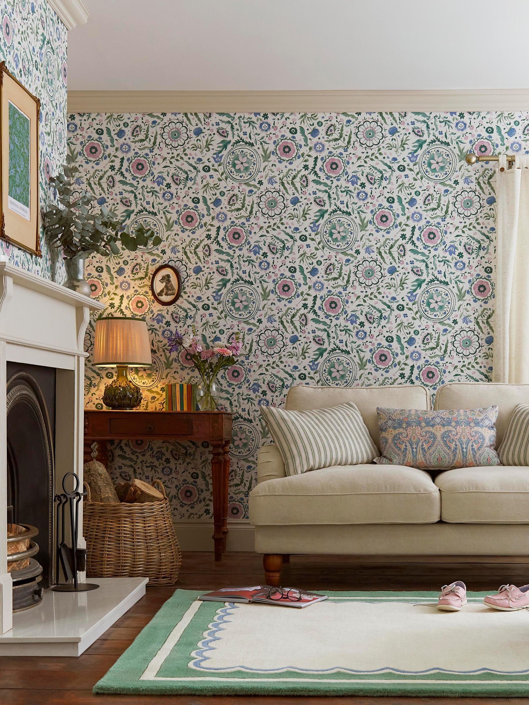 Cream or Multi Festival Flowers Wallpaper Sample - Image 1 of 4