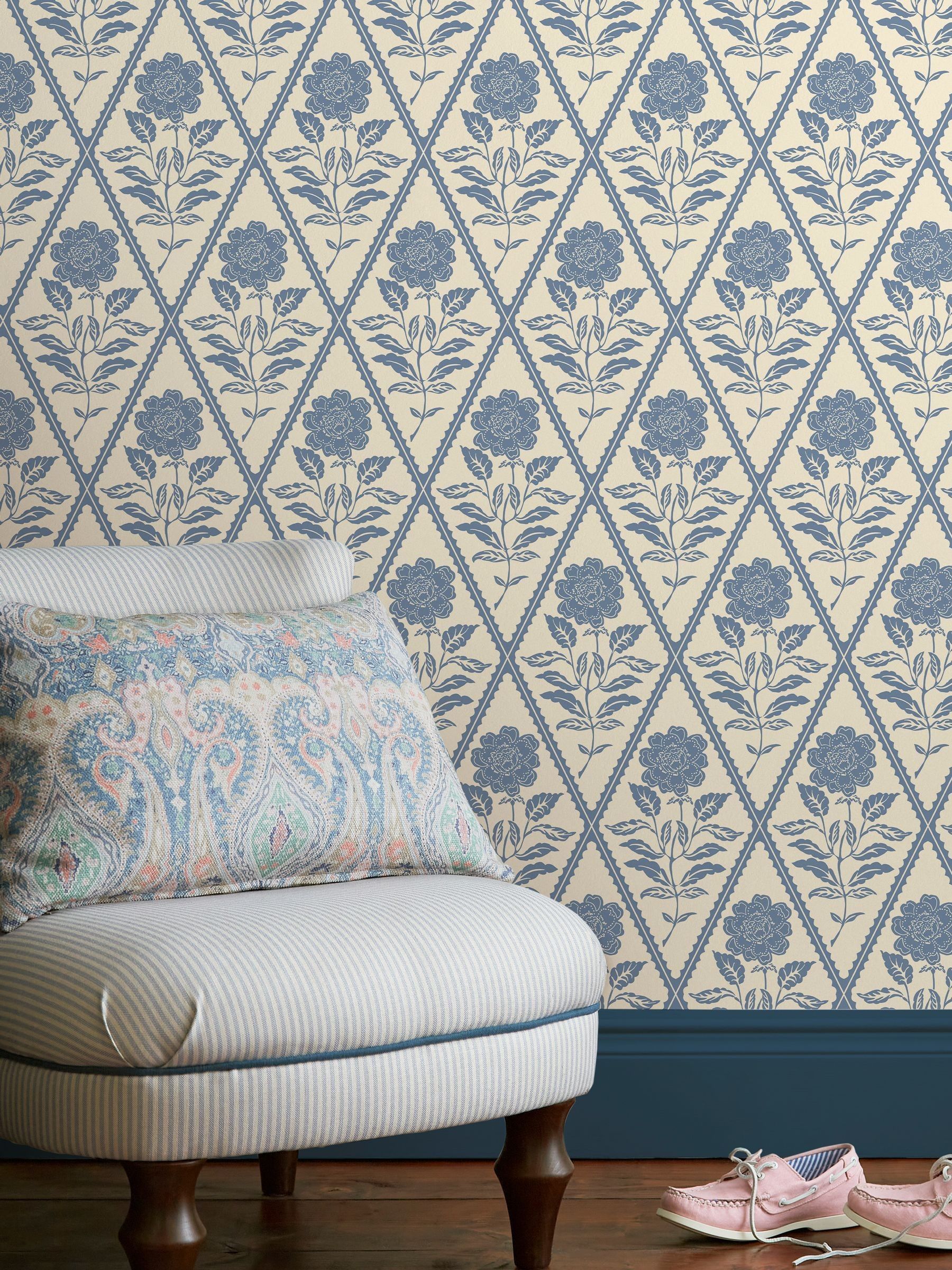 Cream or Blue Juliette Floral Print CreamBlue A4 Wallpaper Sample - Image 1 of 4