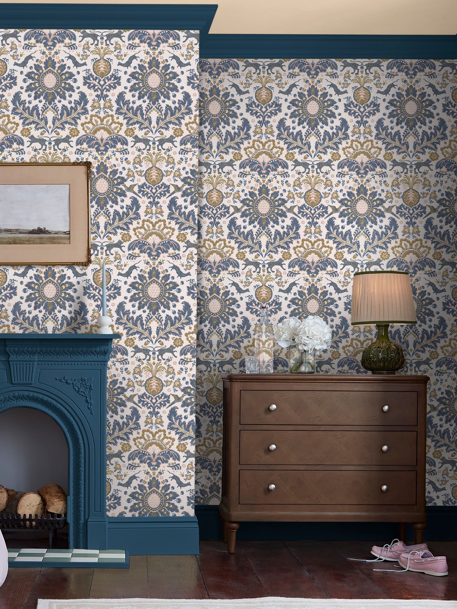 Cream or Blue or Gold Animal Damask Print CreamBlueGold A4 Wallpaper Sample - Image 1 of 4