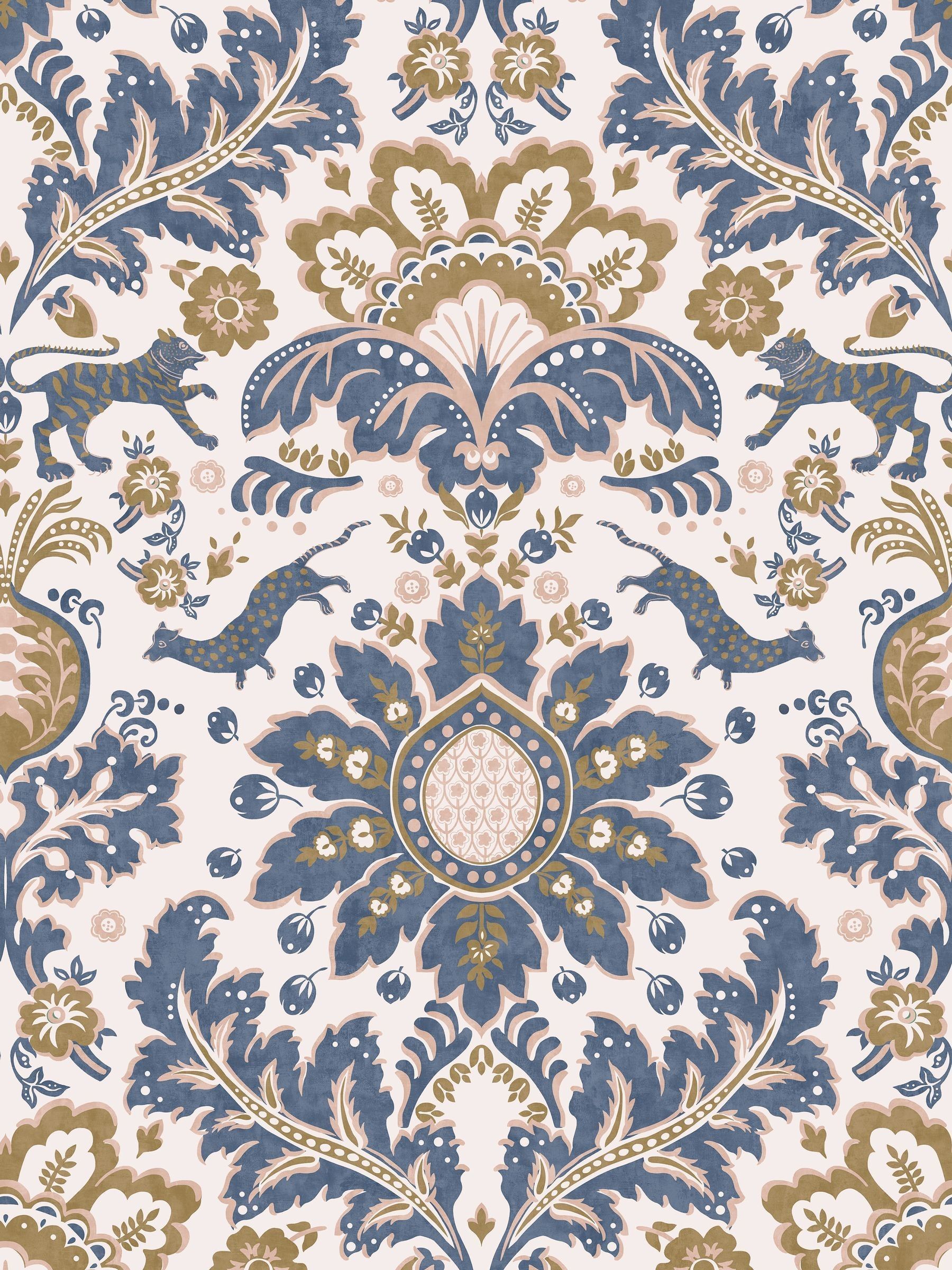 Cream or Blue or Gold Animal Damask Print CreamBlueGold A4 Wallpaper Sample - Image 2 of 4