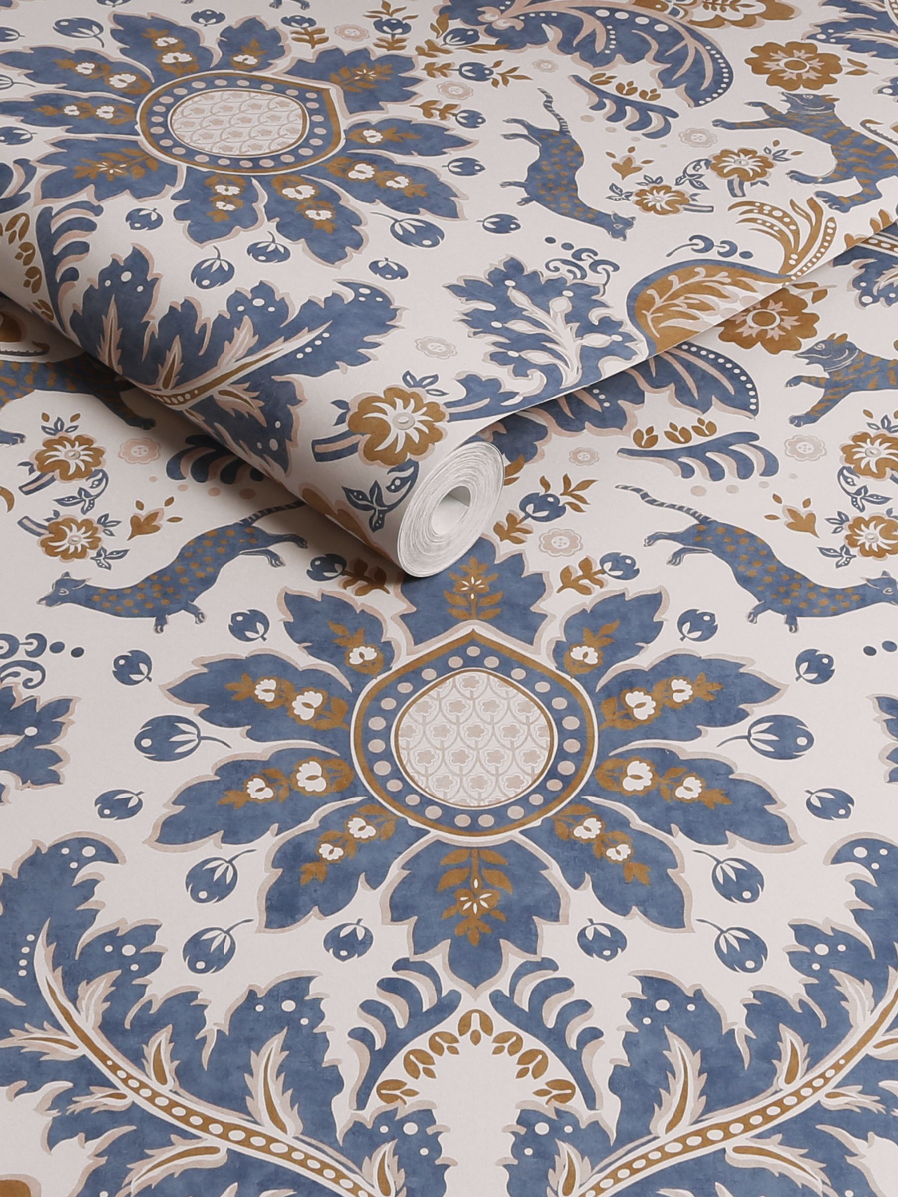 Cream or Blue or Gold Animal Damask Print CreamBlueGold A4 Wallpaper Sample - Image 3 of 4