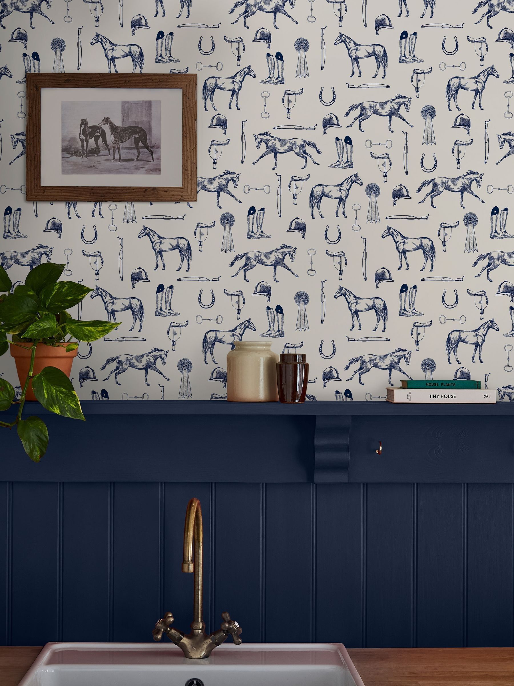 Cream or Blue Sketched Equestrian Print CreamBlue A4 Wallpaper Sample - Image 1 of 4