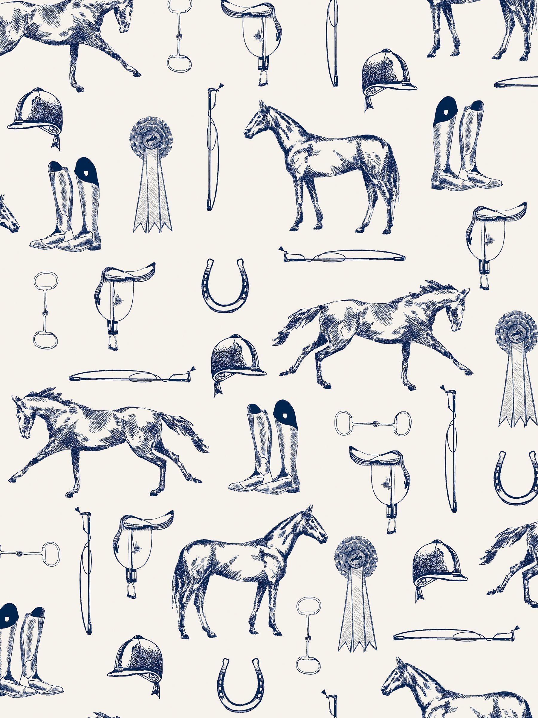 Cream or Blue Sketched Equestrian Print CreamBlue A4 Wallpaper Sample - Image 2 of 4