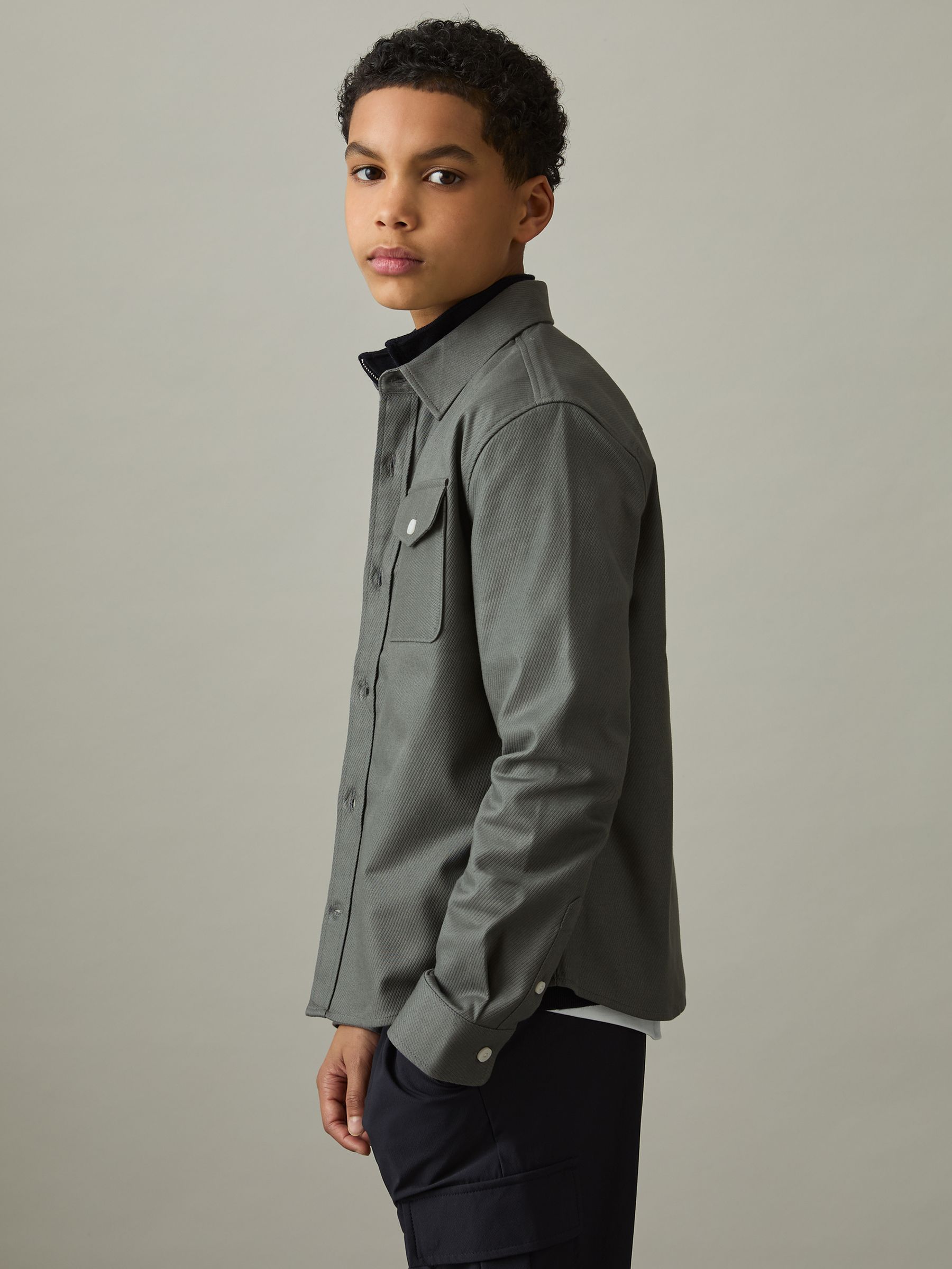 9-13 yrs Twin Pocket Textured Overshirt in Sage - Image 3 of 4