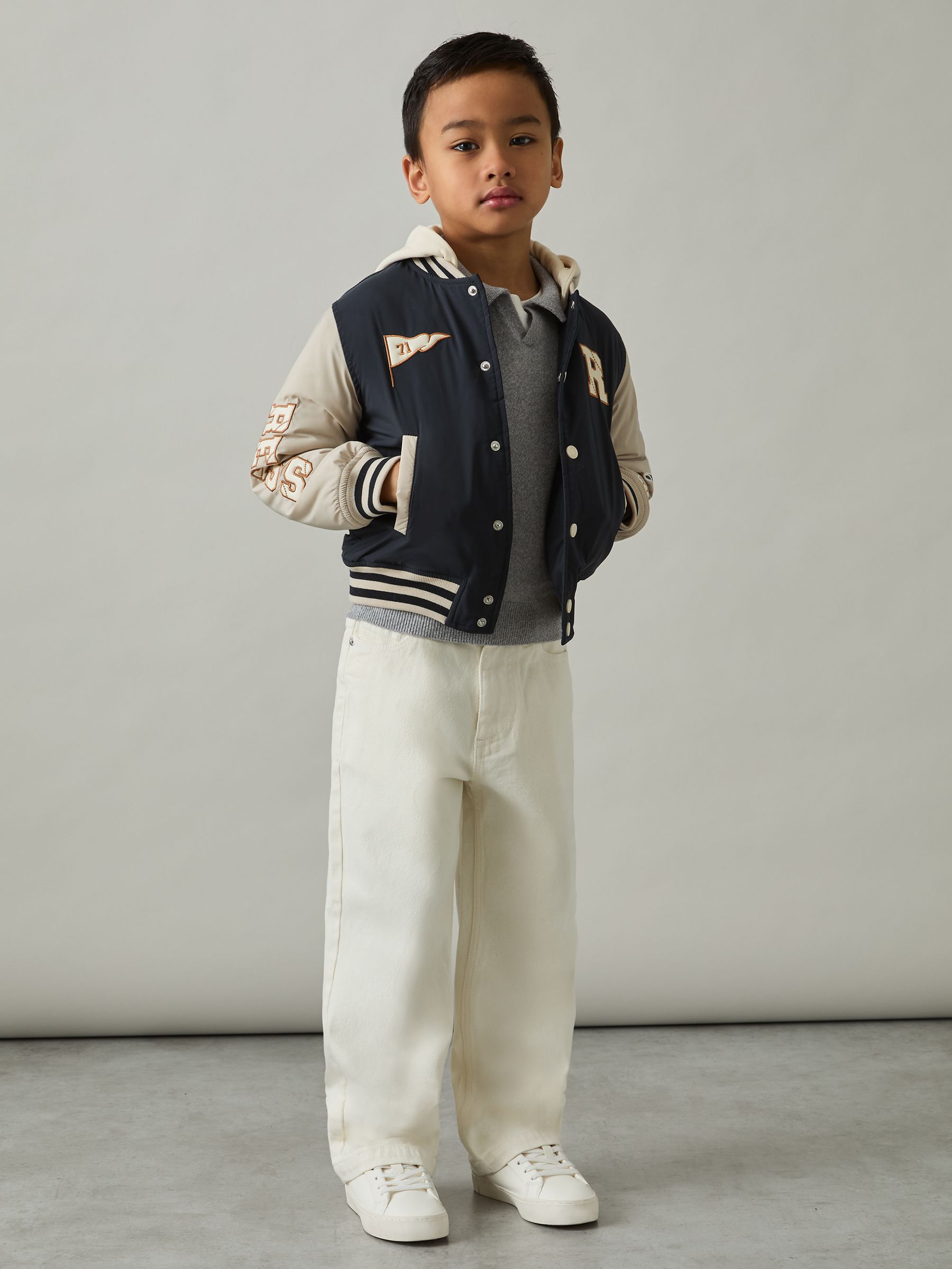 9-13 yrs Home-Run Colourblock Bomber Jacket in Navy/Stone - Image 3 of 4
