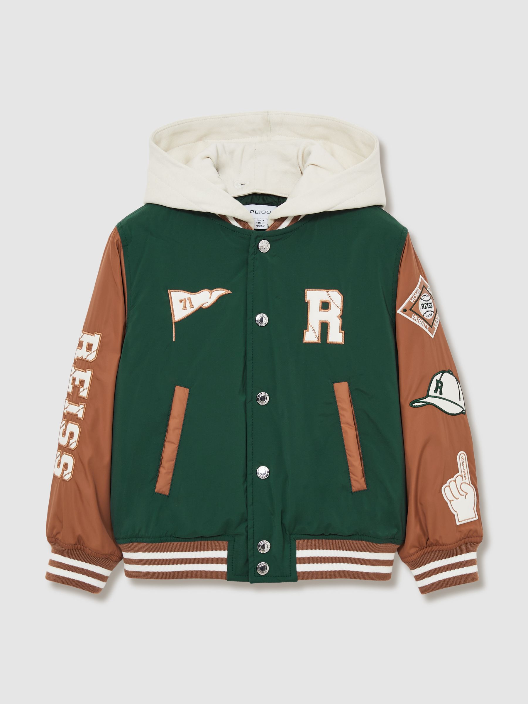 9-13 yrs Home-Run Colourblock Bomber Jacket in Green/Tobacco Brown - Image 2 of 5
