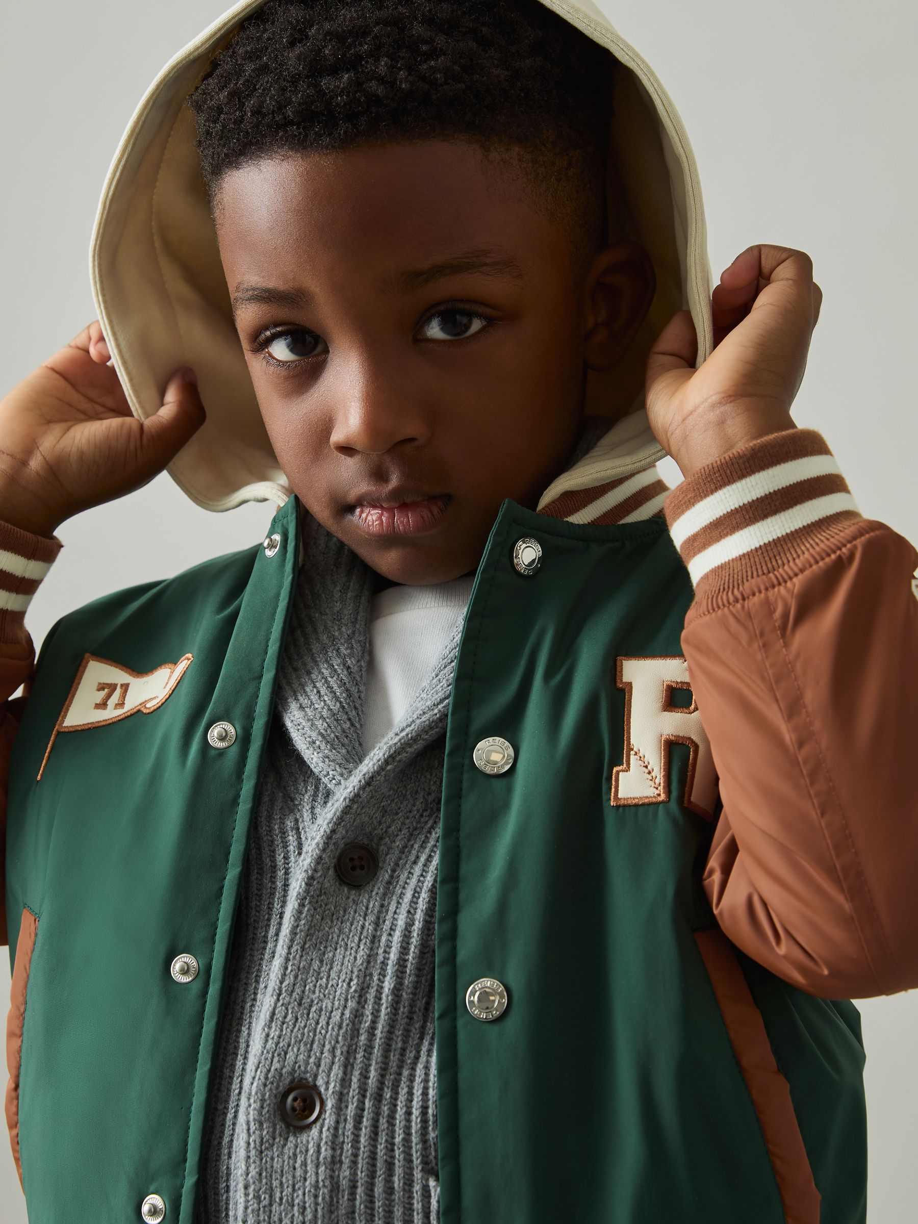 9-13 yrs Home-Run Colourblock Bomber Jacket in Green/Tobacco Brown - Image 4 of 5