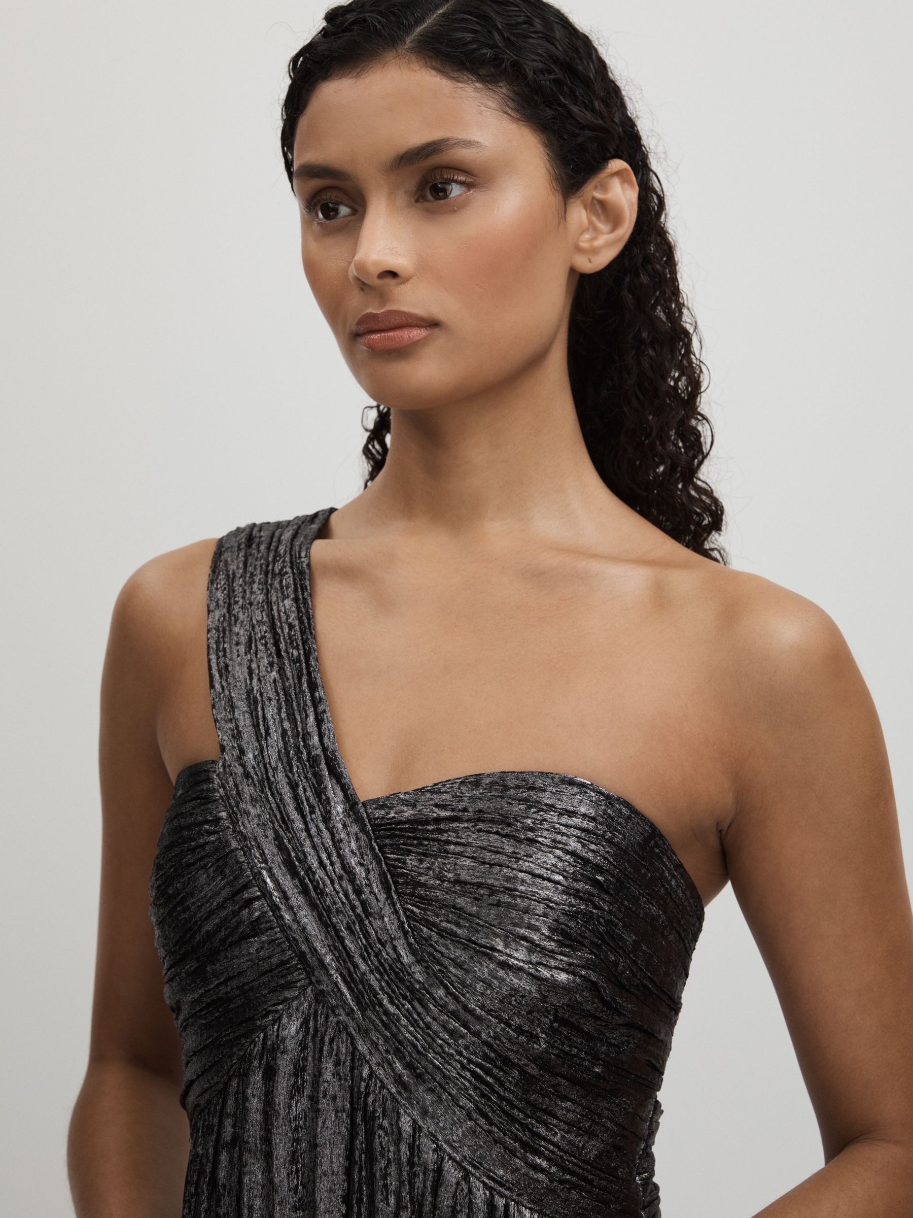Amur Metallic One Shoulder Maxi Dress in Dark Grey - Image 3 of 5