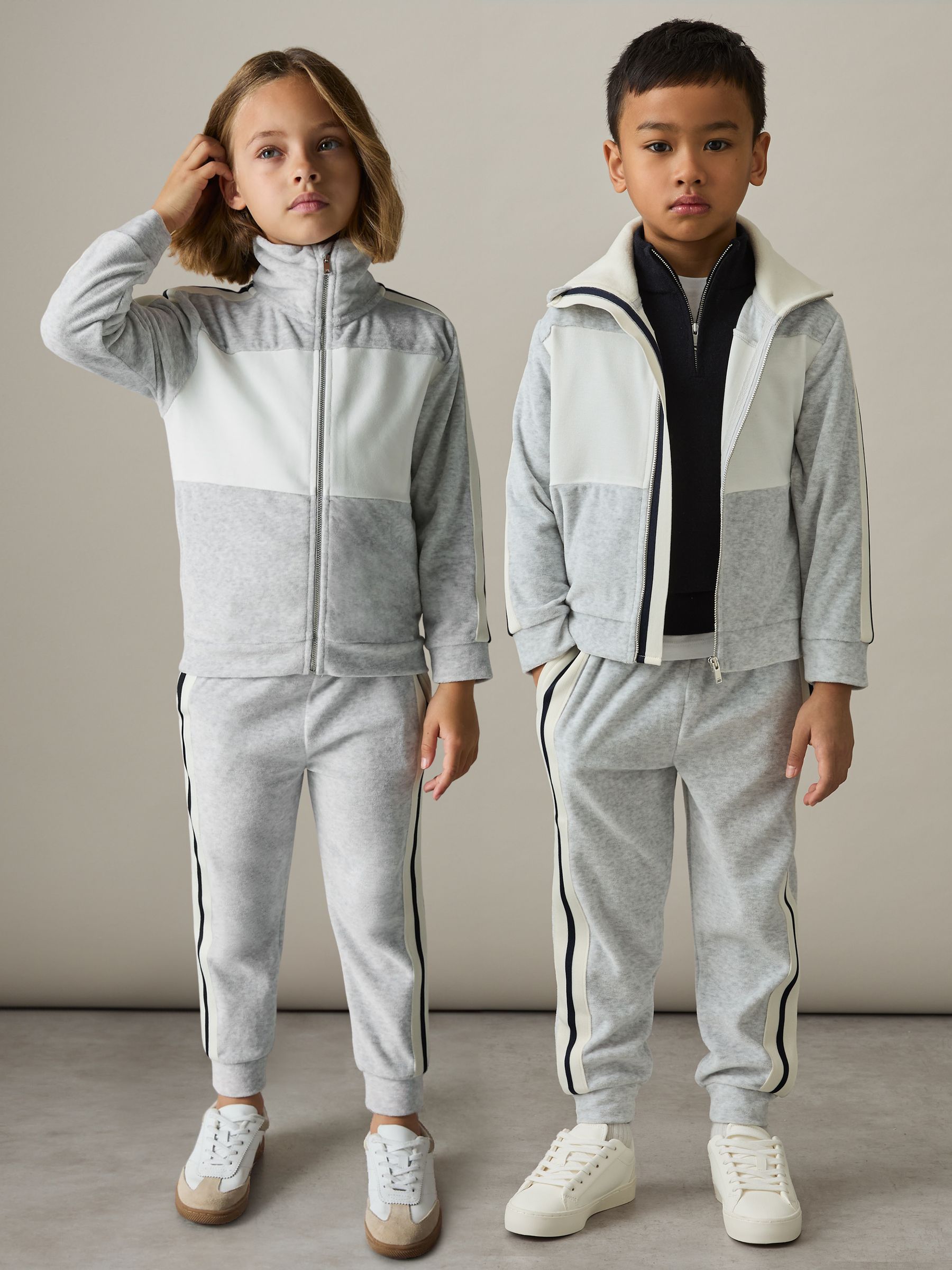 4-9 yrs Velour Side-Stripe Tracksuit Joggers in Grey - Image 1 of 5