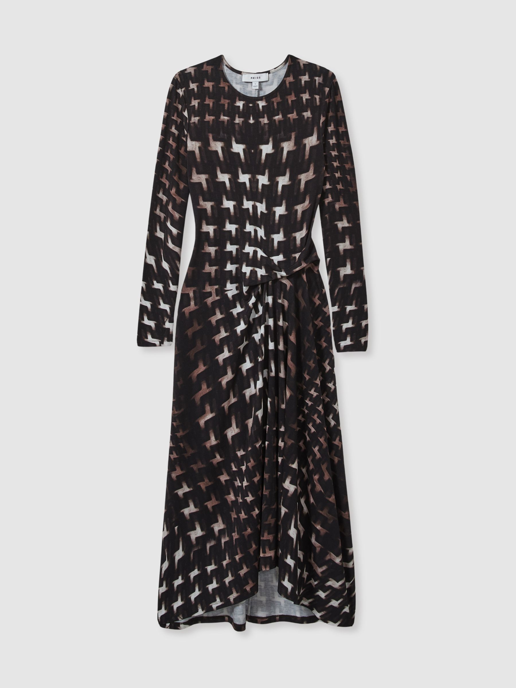 Houndstooth-Print Ruched Midi Dress in Black - Image 2 of 6