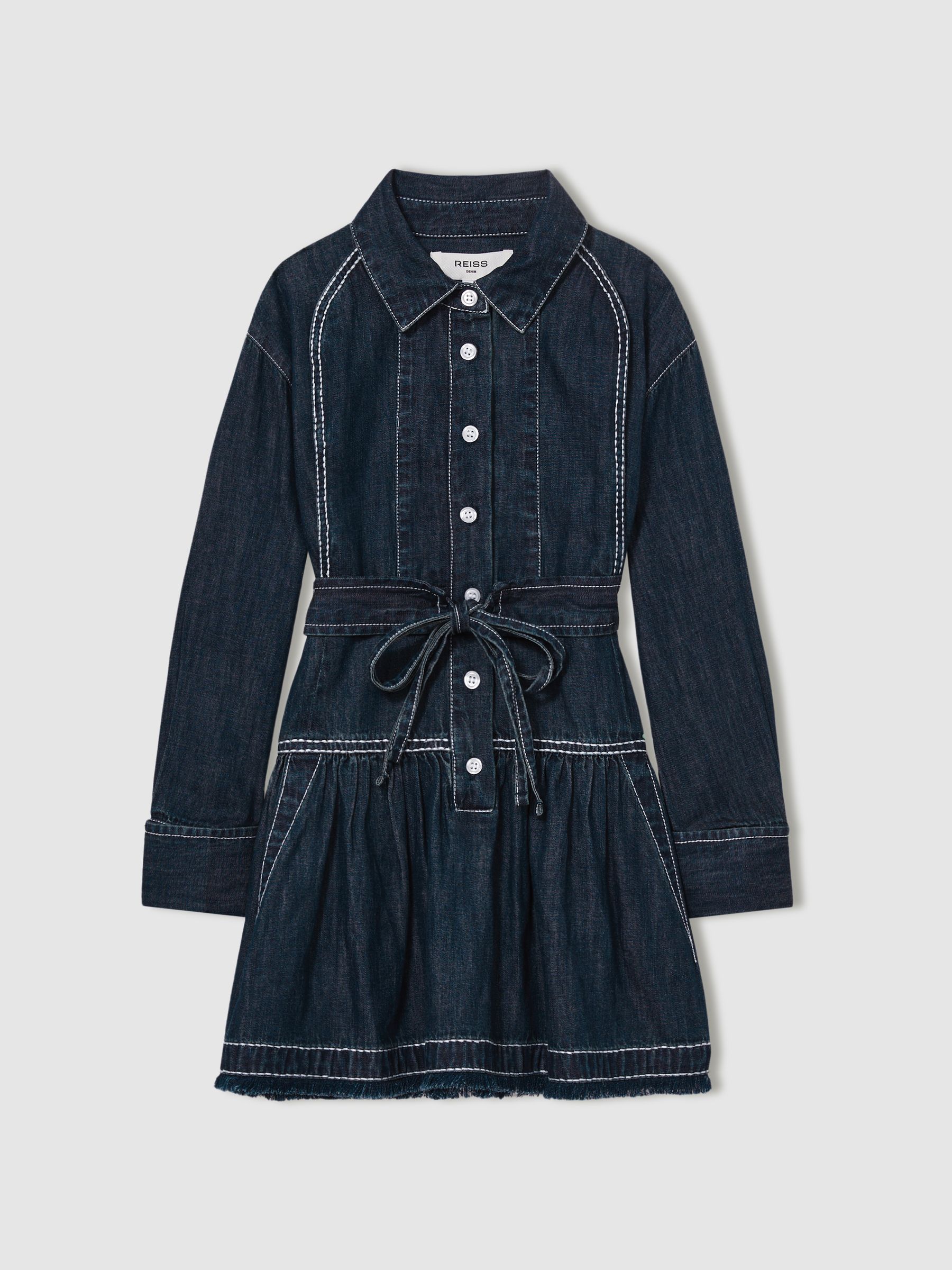 4-9 yrs Chambray Contrast-Stitch Flippy Dress in Blue - Image 2 of 4