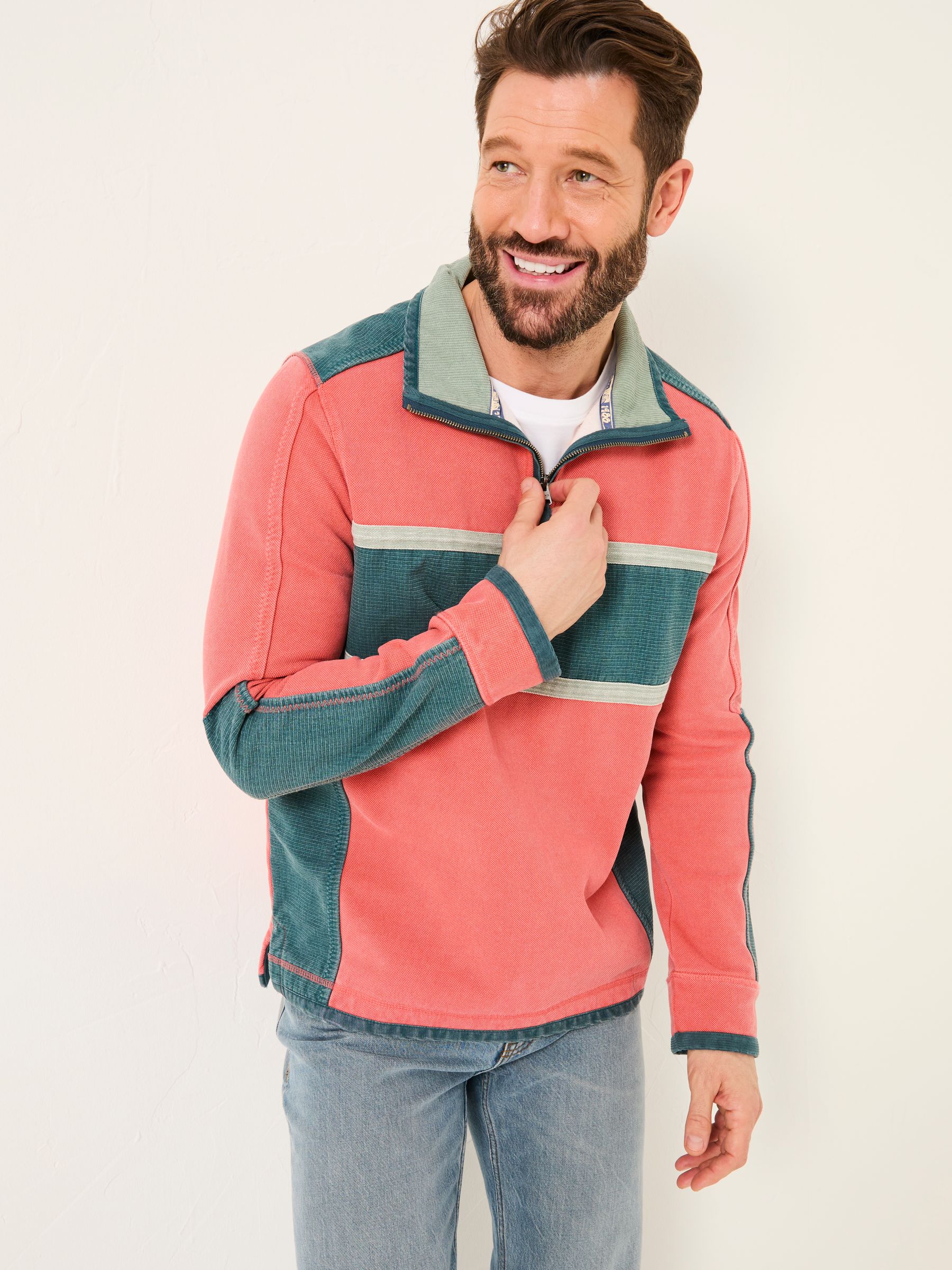 Coral Pink 100% Cotton Airlie Panel Quarter Zip Sweat Top - Image 2 of 8