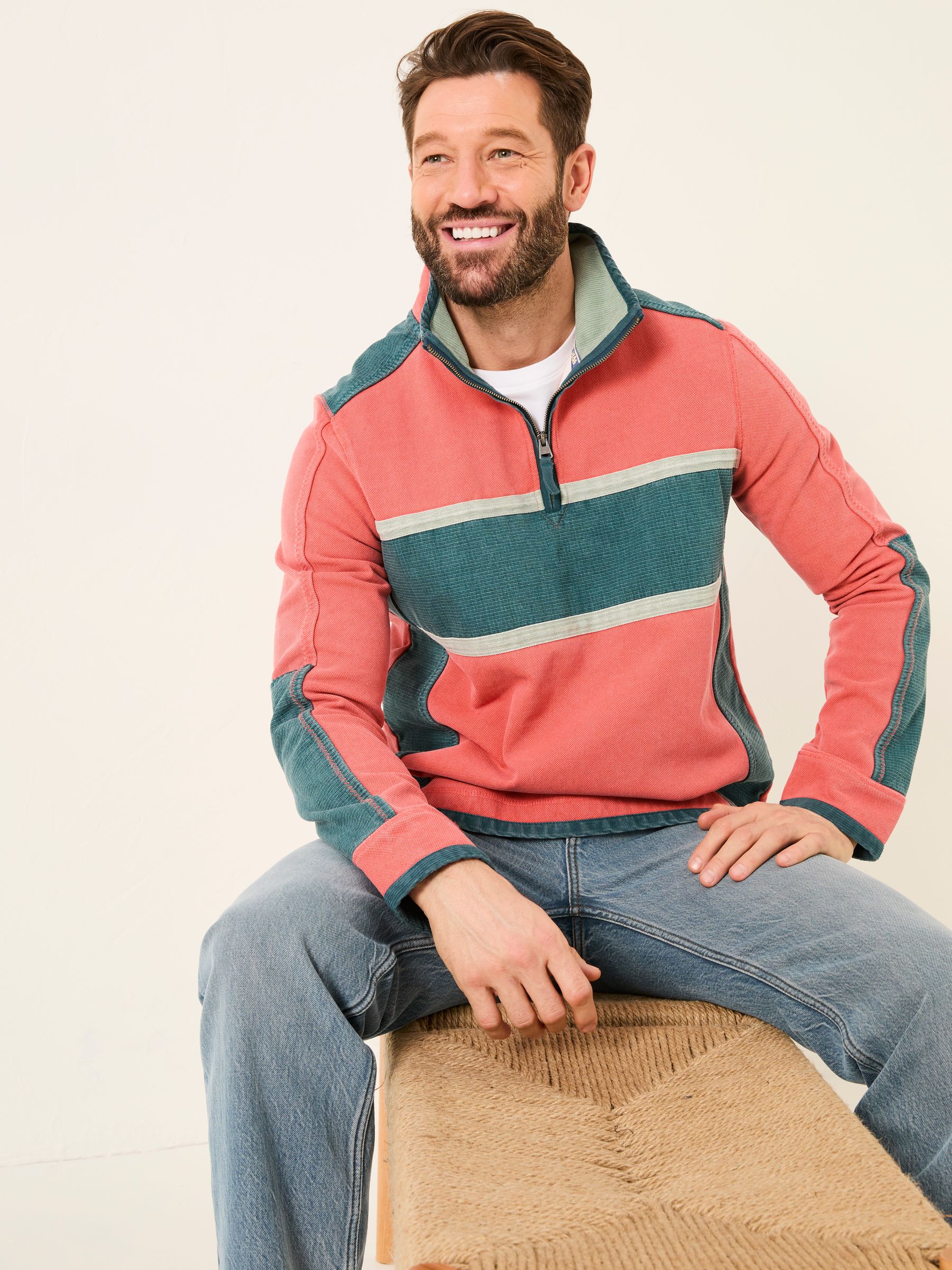 Coral Pink 100% Cotton Airlie Panel Quarter Zip Sweat Top - Image 4 of 8
