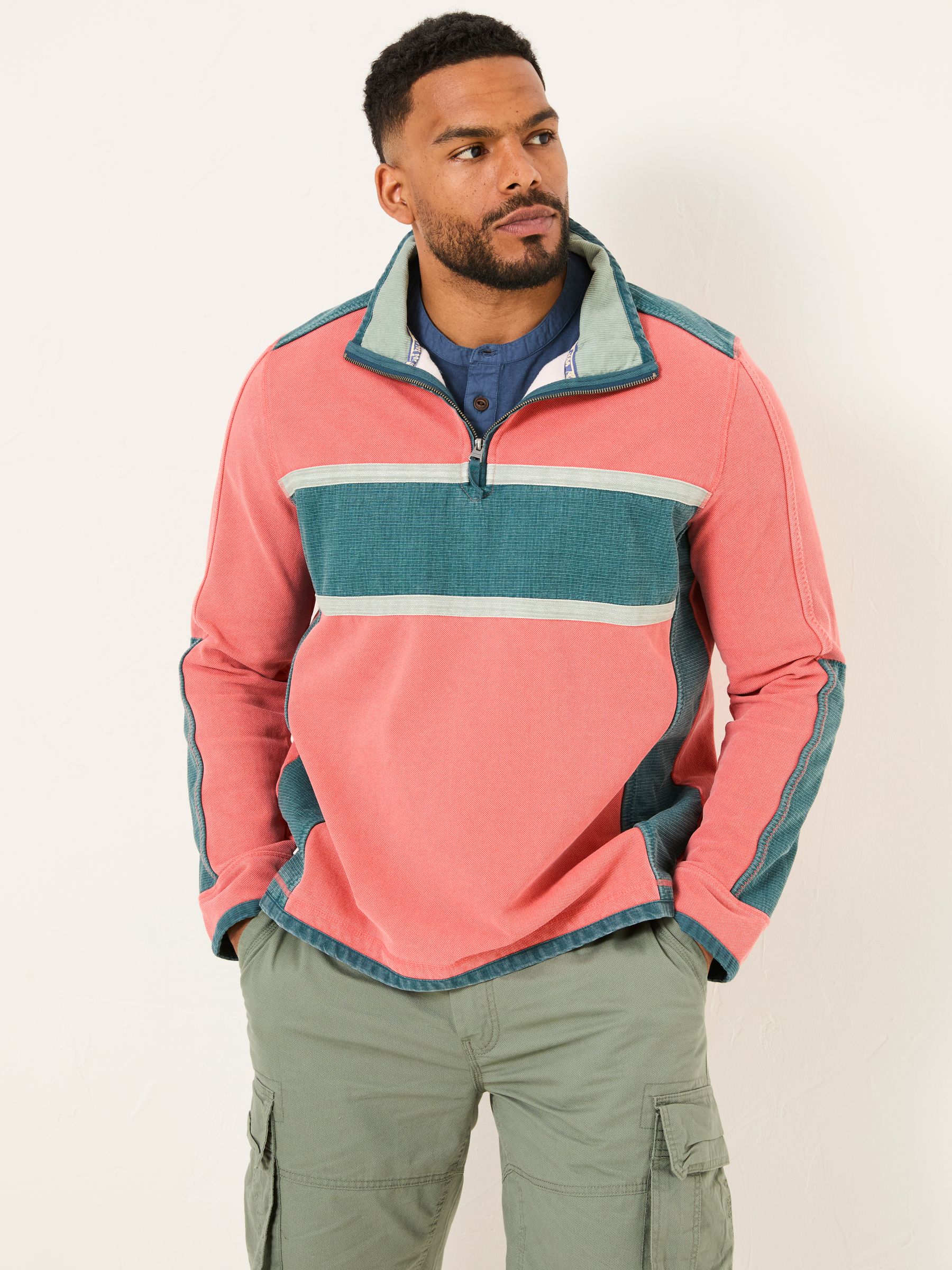 Coral Pink 100% Cotton Airlie Panel Quarter Zip Sweat Top - Image 6 of 8