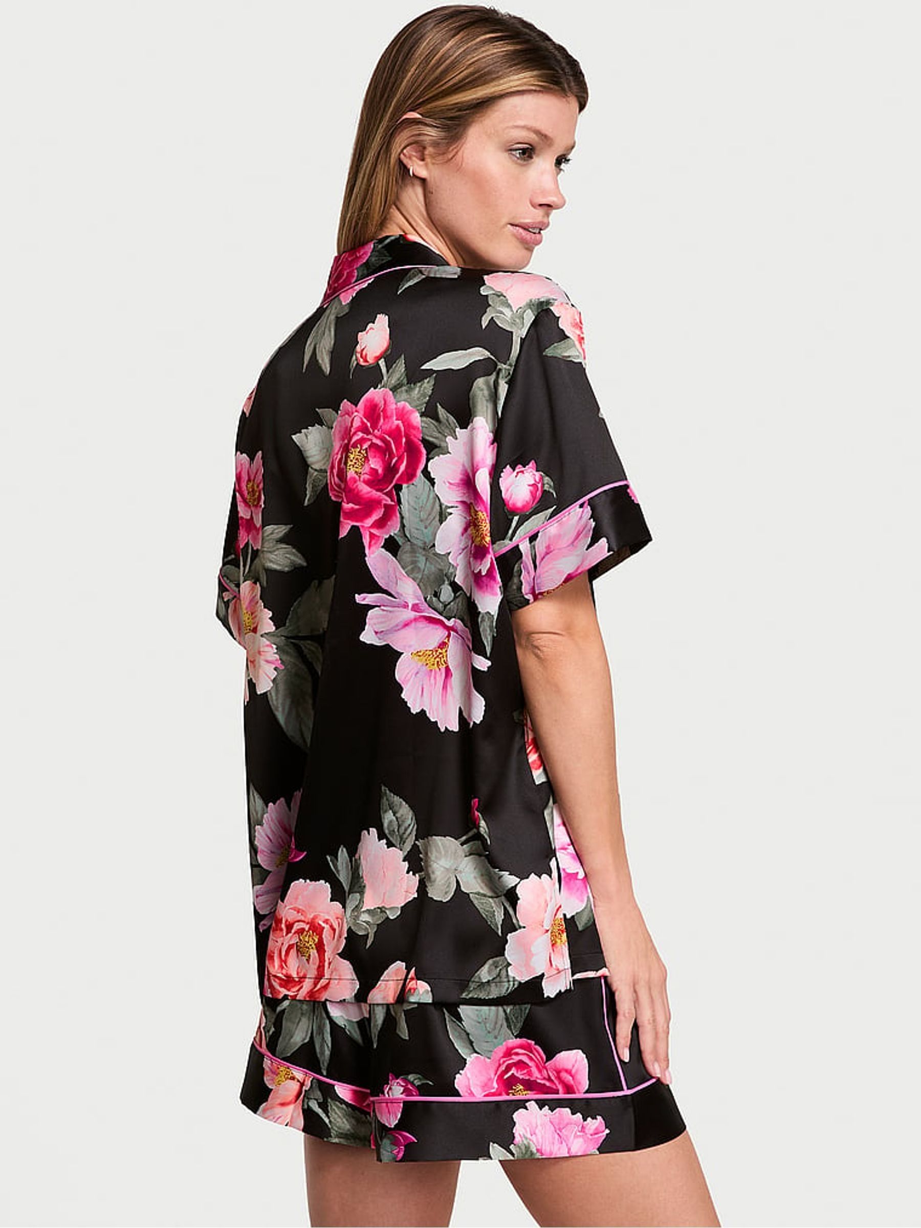 Black Floral Bouquet Satin Short Pyjama Set - Image 2 of 3