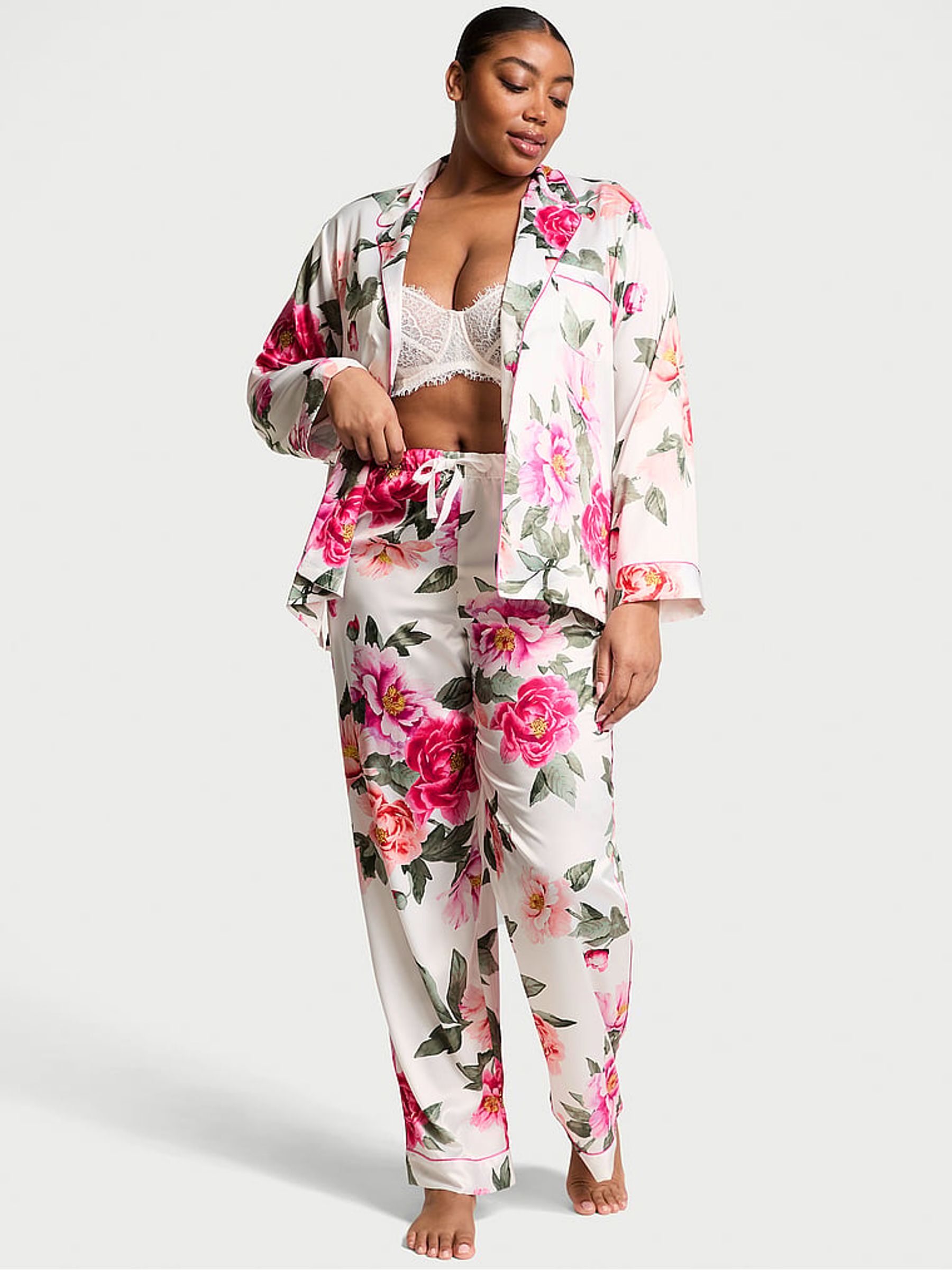 Coconut White Floral Satin Long Pyjama Set - Image 1 of 3