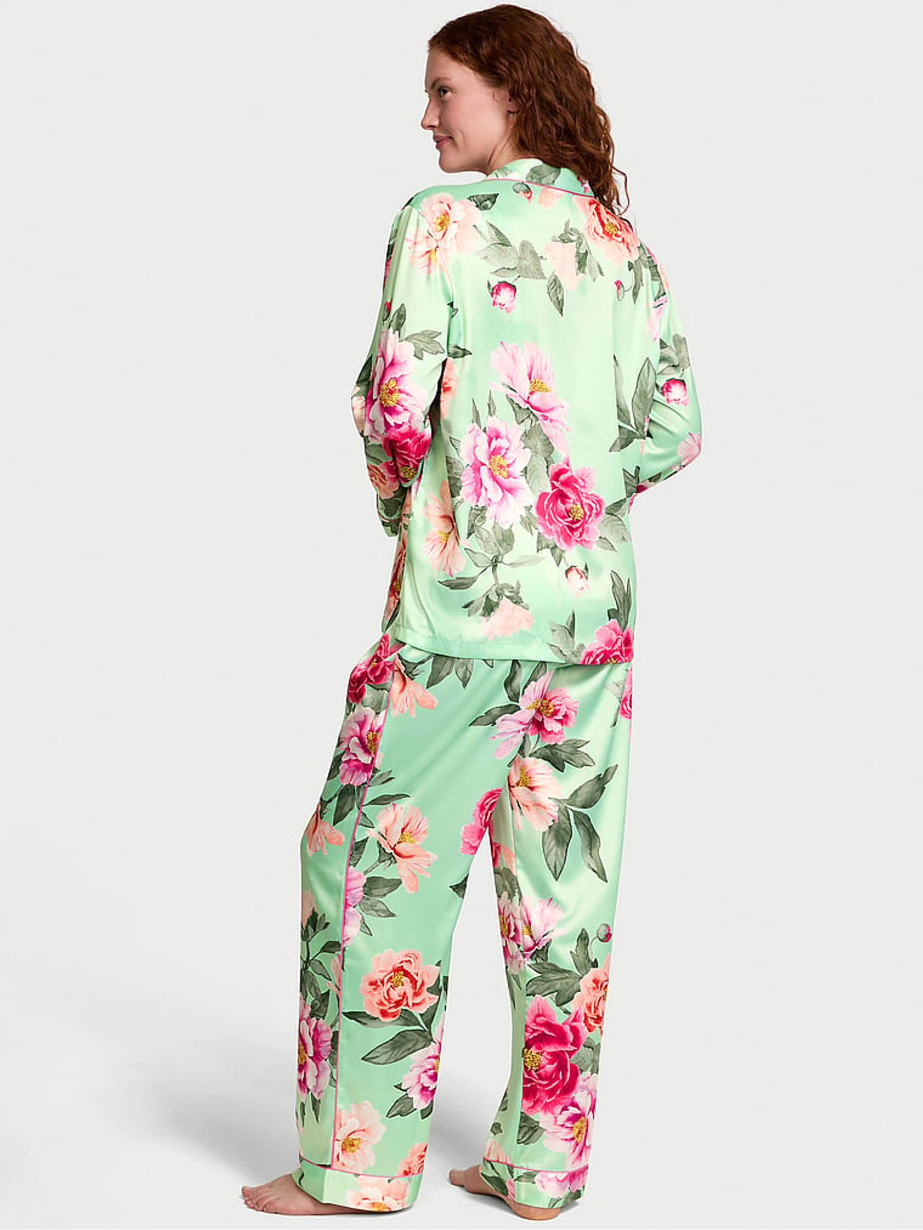 Mint Green Floral Satin Long Pyjama Set - Image 2 of 3