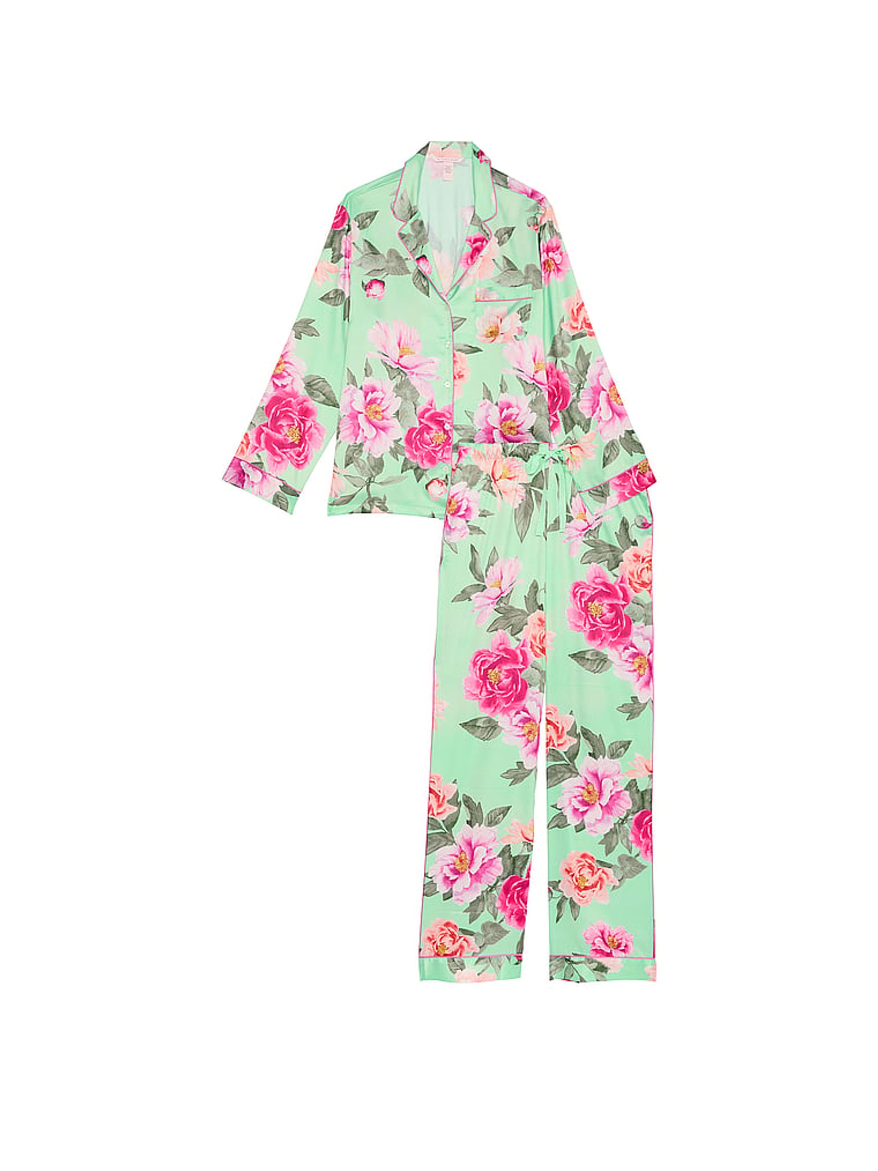 Mint Green Floral Satin Long Pyjama Set - Image 3 of 3