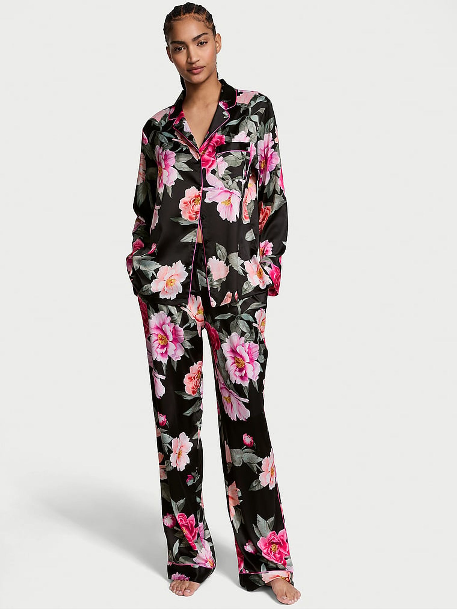 Black Floral Bouquet Satin Long Pyjama Set - Image 1 of 3