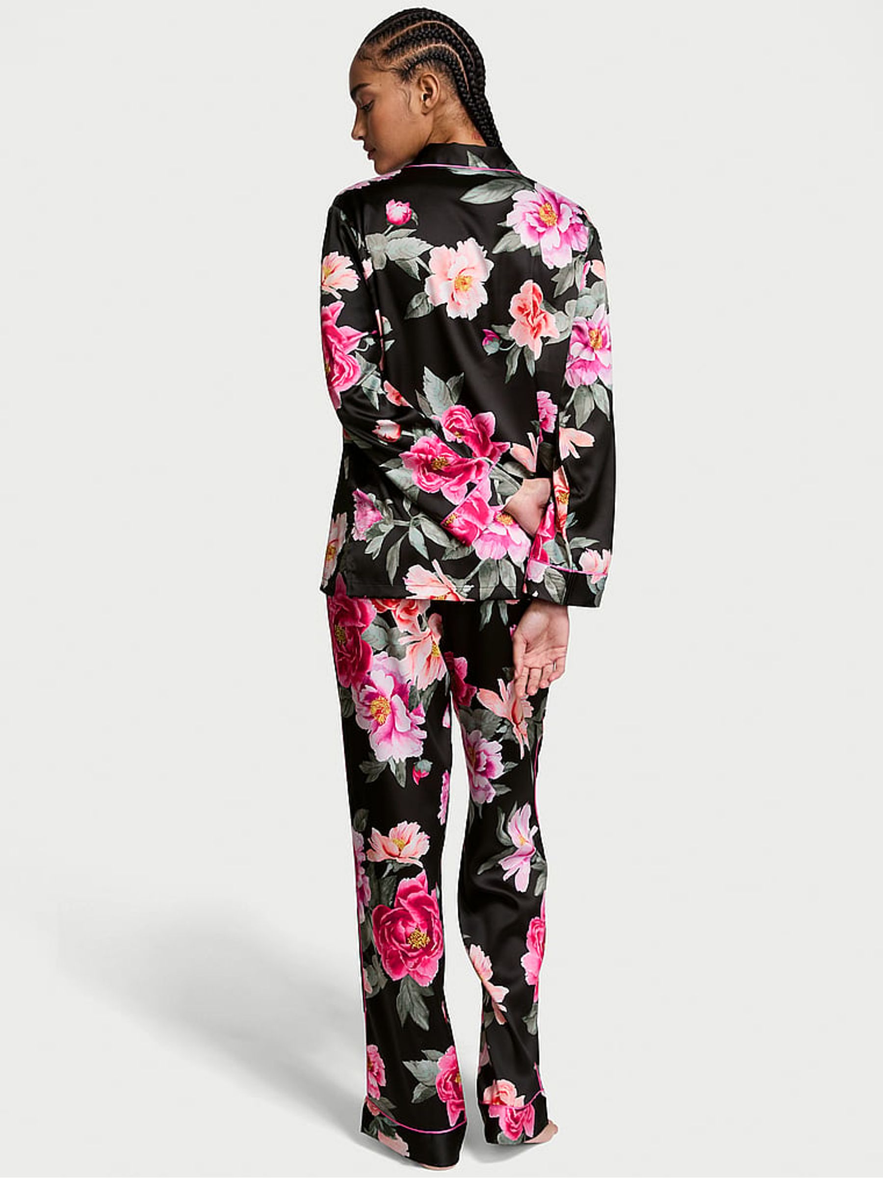 Black Floral Bouquet Satin Long Pyjama Set - Image 2 of 3