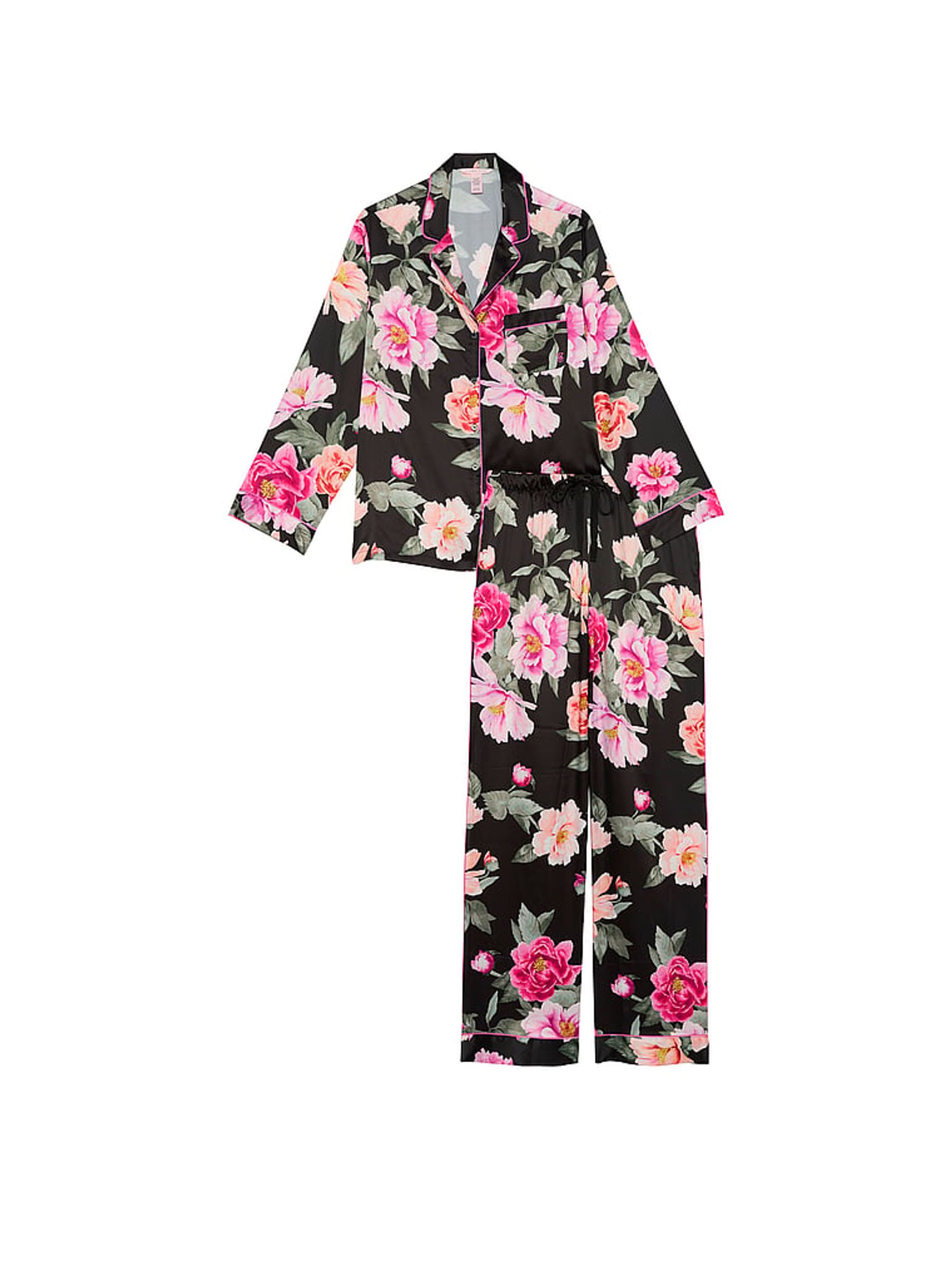 Black Floral Bouquet Satin Long Pyjama Set - Image 3 of 3