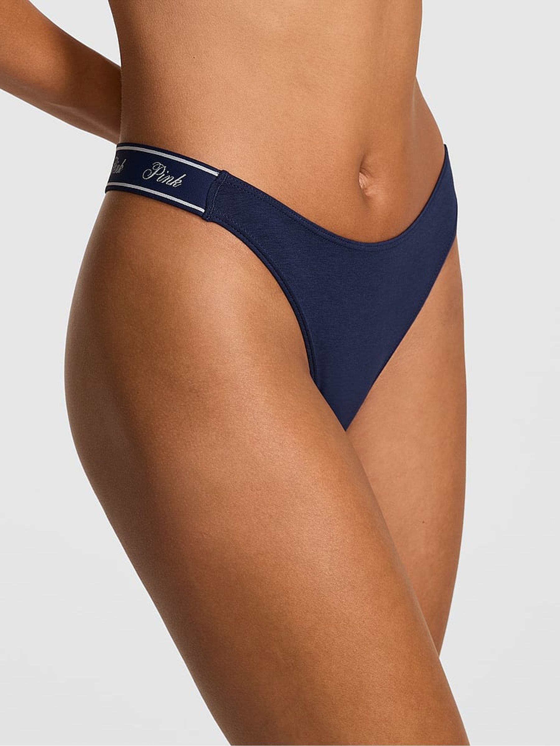 Midnight Navy Blue Thong Cotton Logo Knickers - Image 1 of 3