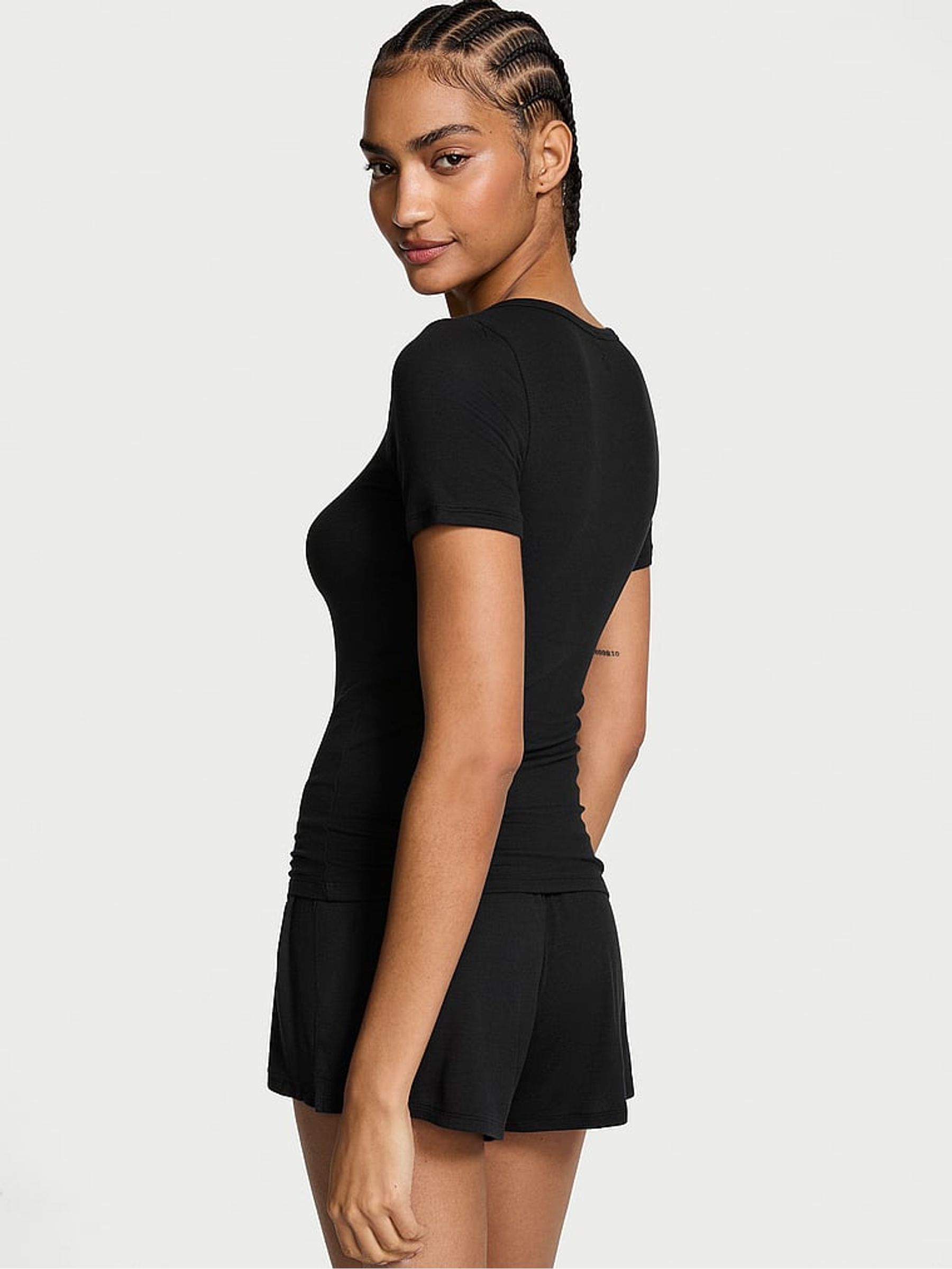 Black Modal Rib Henley Short Sleeve Set - Image 2 of 3