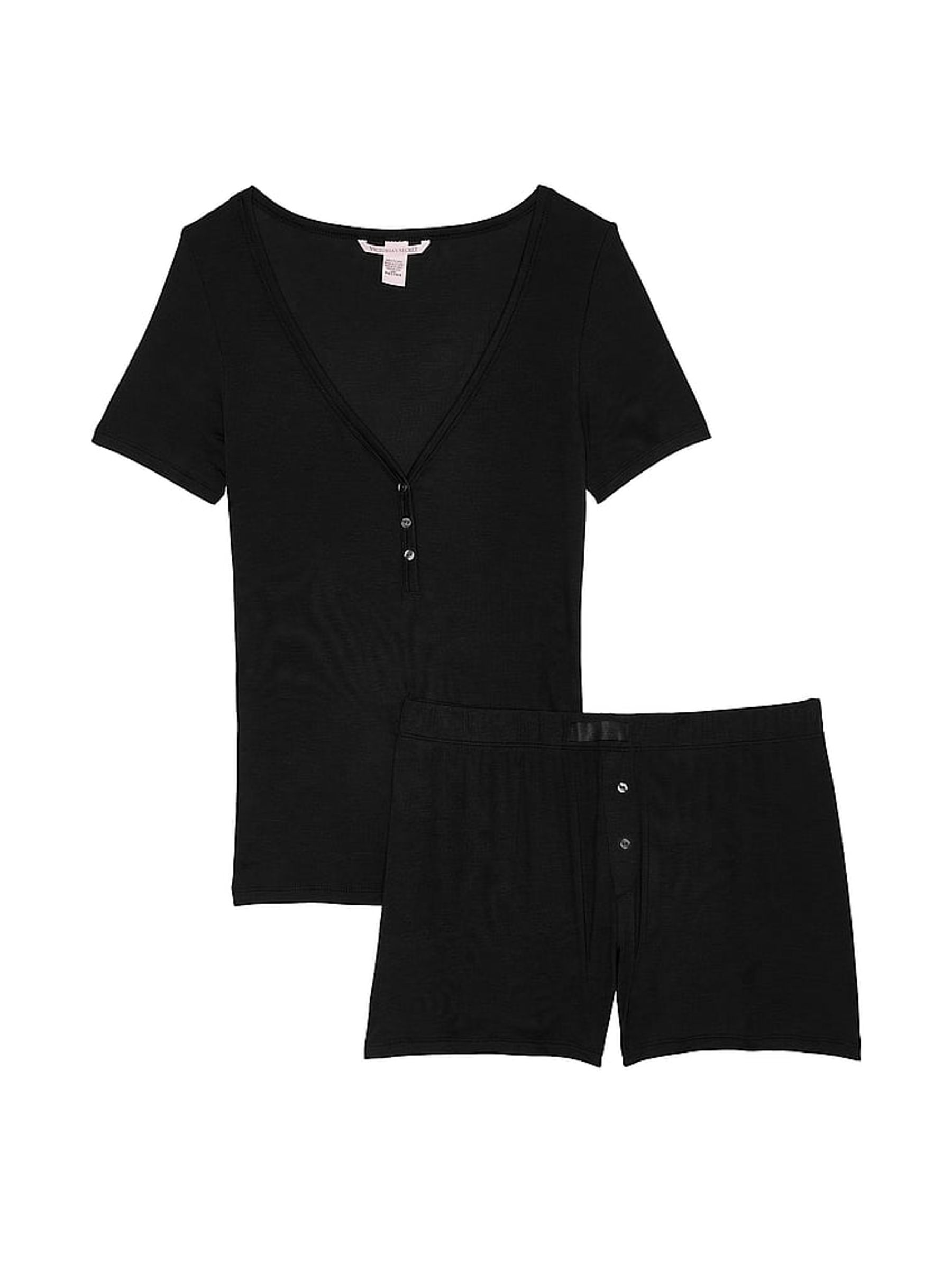 Black Modal Rib Henley Short Sleeve Set - Image 3 of 3