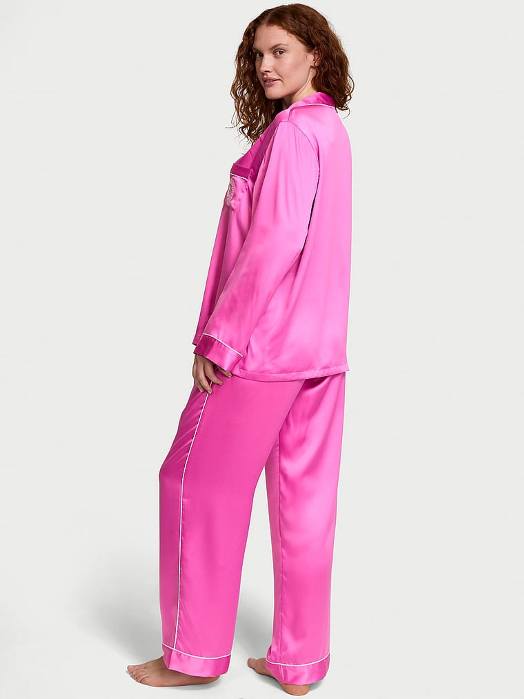 New Peony Pink Satin Long Pyjama Set - Image 2 of 3