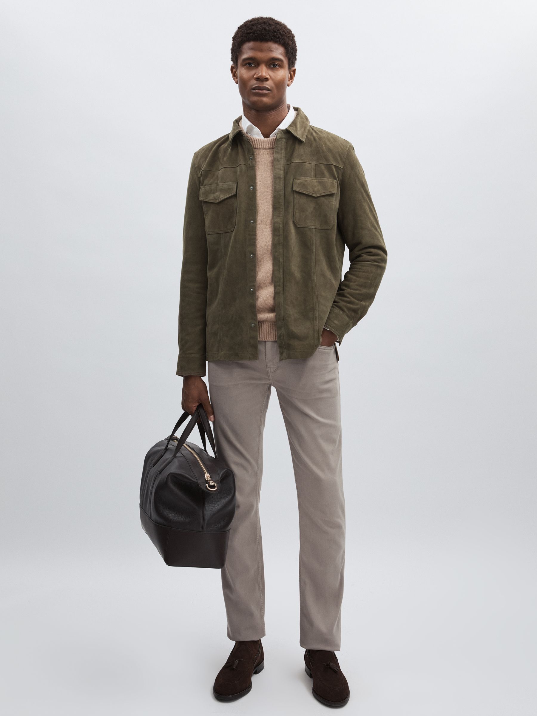 Paige Suede Press-Stud Shirt Jacket in Olive - Image 1 of 6