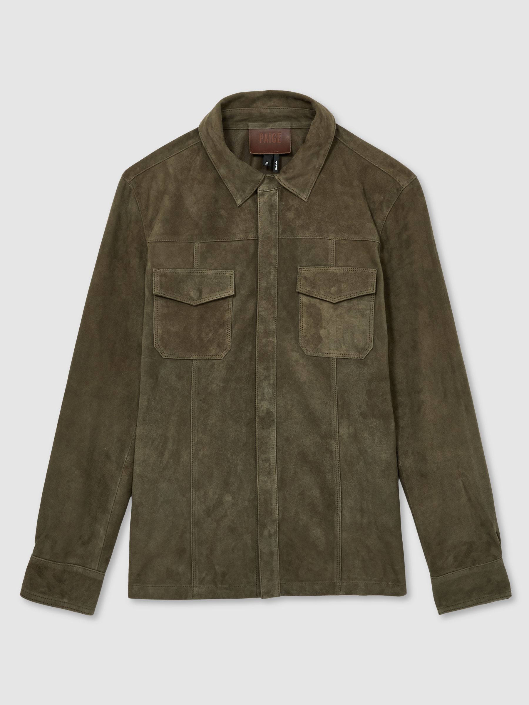 Paige Suede Press-Stud Shirt Jacket in Olive - Image 2 of 6