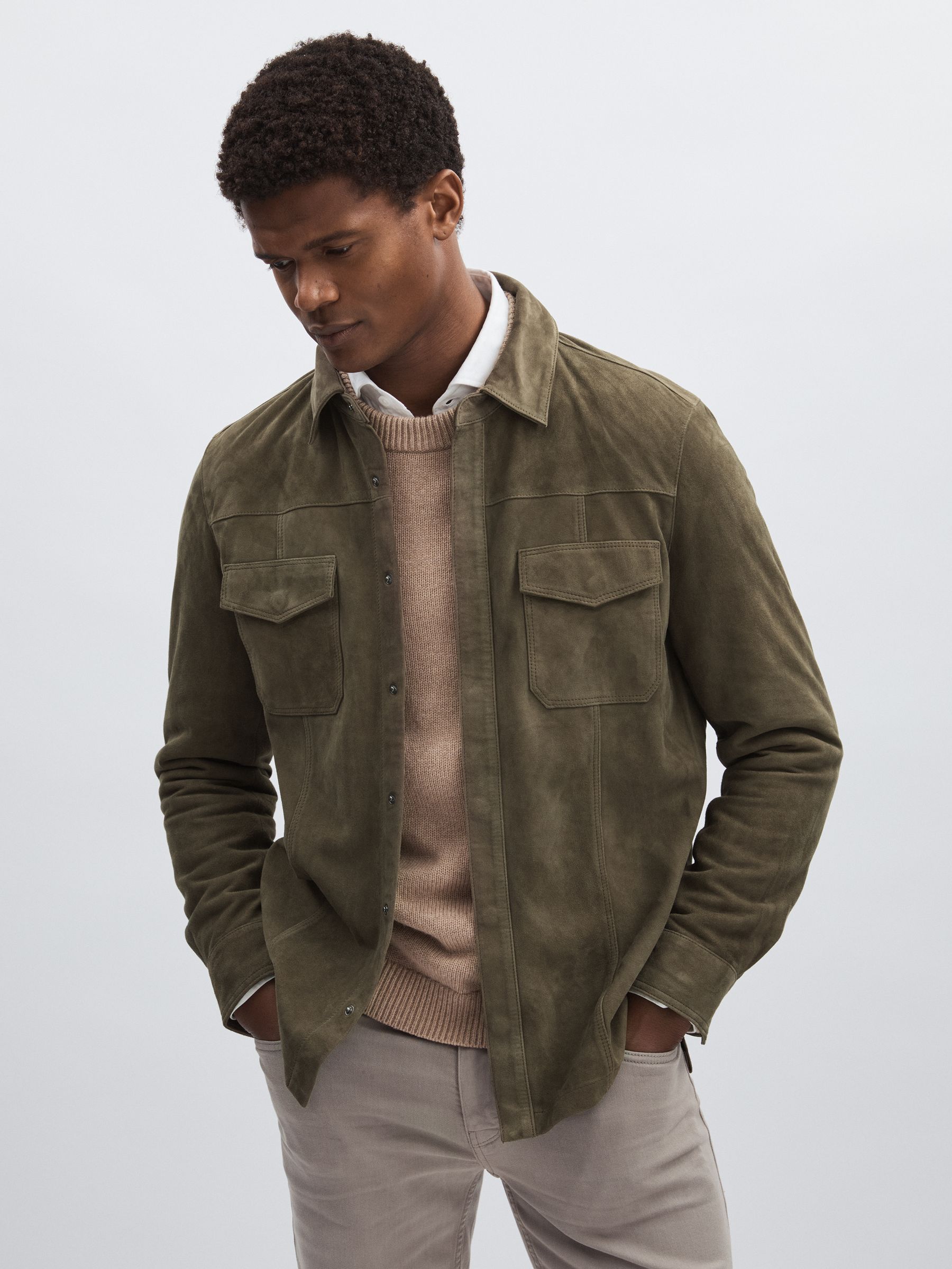 Paige Suede Press-Stud Shirt Jacket in Olive - Image 3 of 6