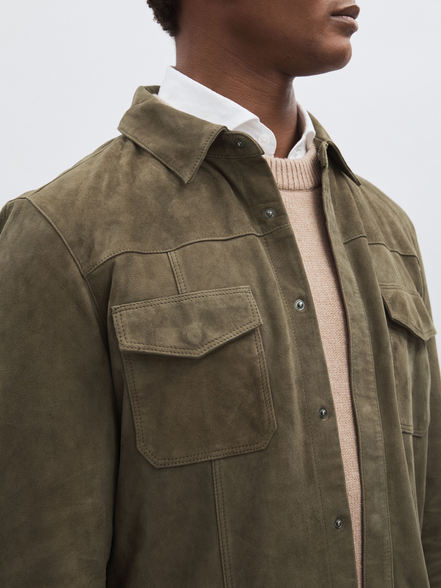 Paige Suede Press-Stud Shirt Jacket in Olive - Image 5 of 6