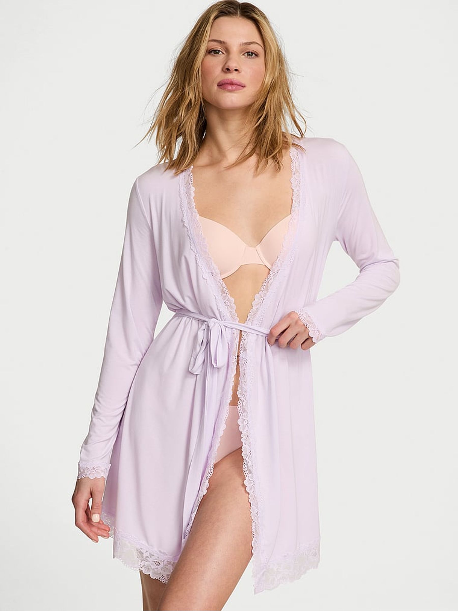 Delicate Violet Purple Modal Lace Trim Robe - Image 1 of 3