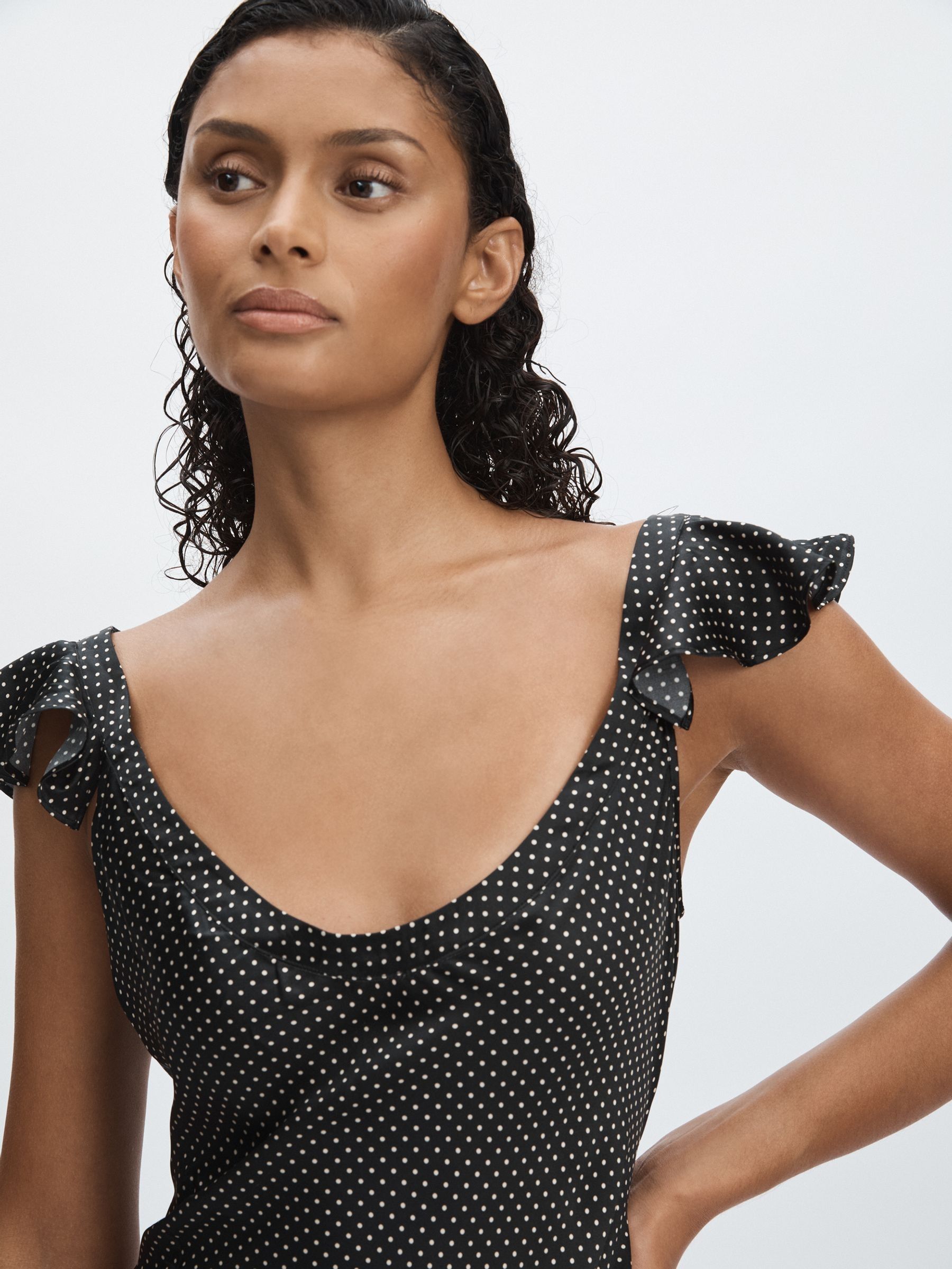 Paige Silk Satin Polka Dot Dress in Black - Image 3 of 6