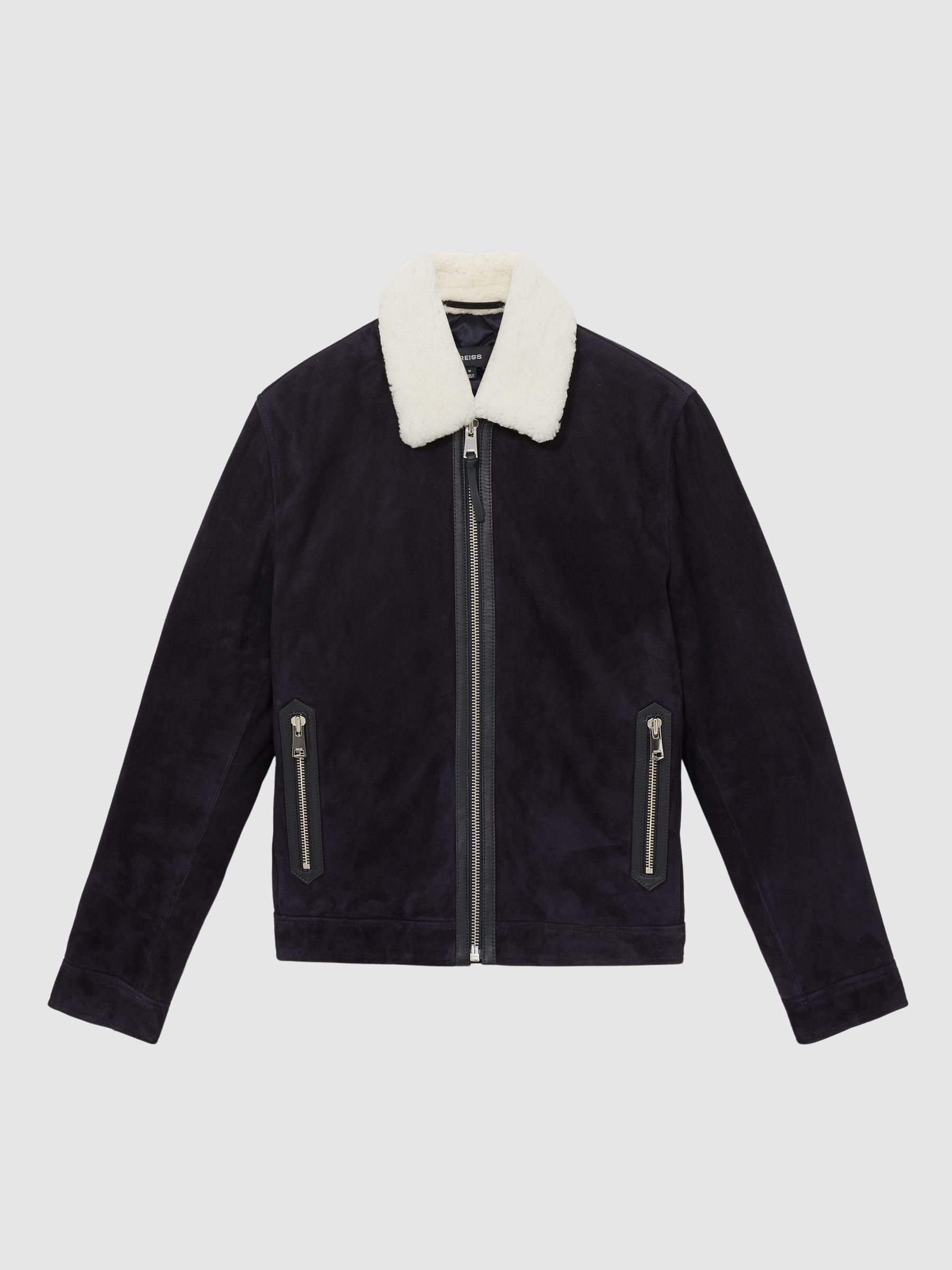 Suede Shearling-Collar Jacket in Navy - Image 2 of 7