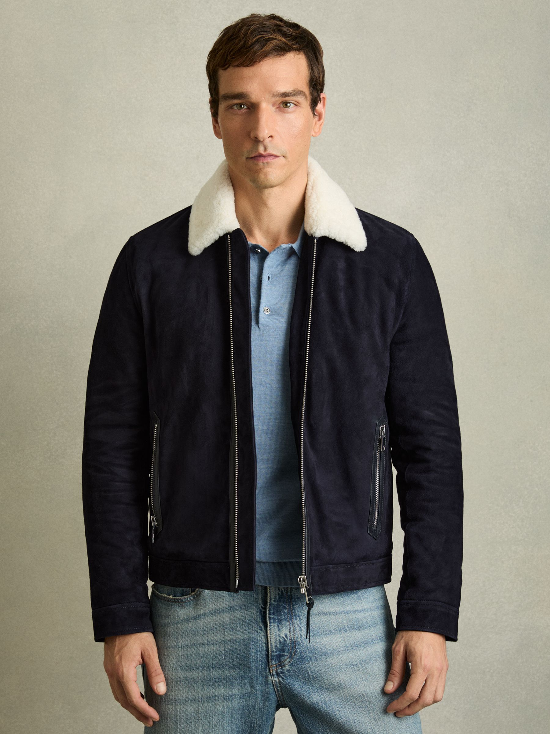 Suede Shearling-Collar Jacket in Navy - Image 3 of 7