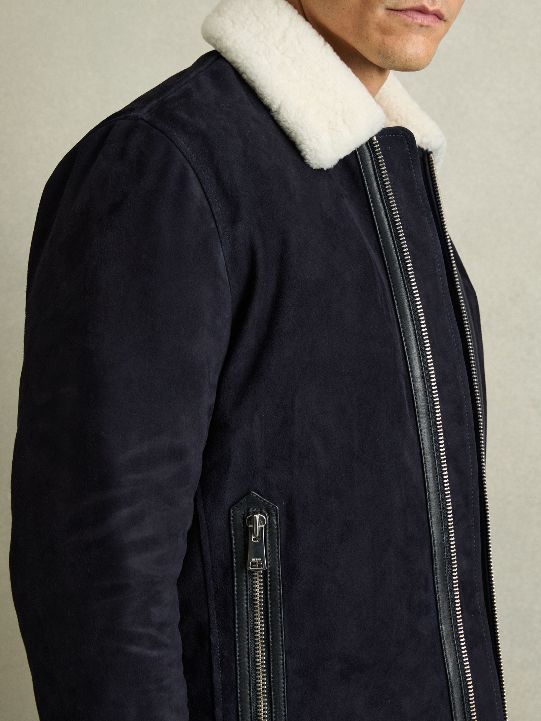 Suede Shearling-Collar Jacket in Navy - Image 4 of 7