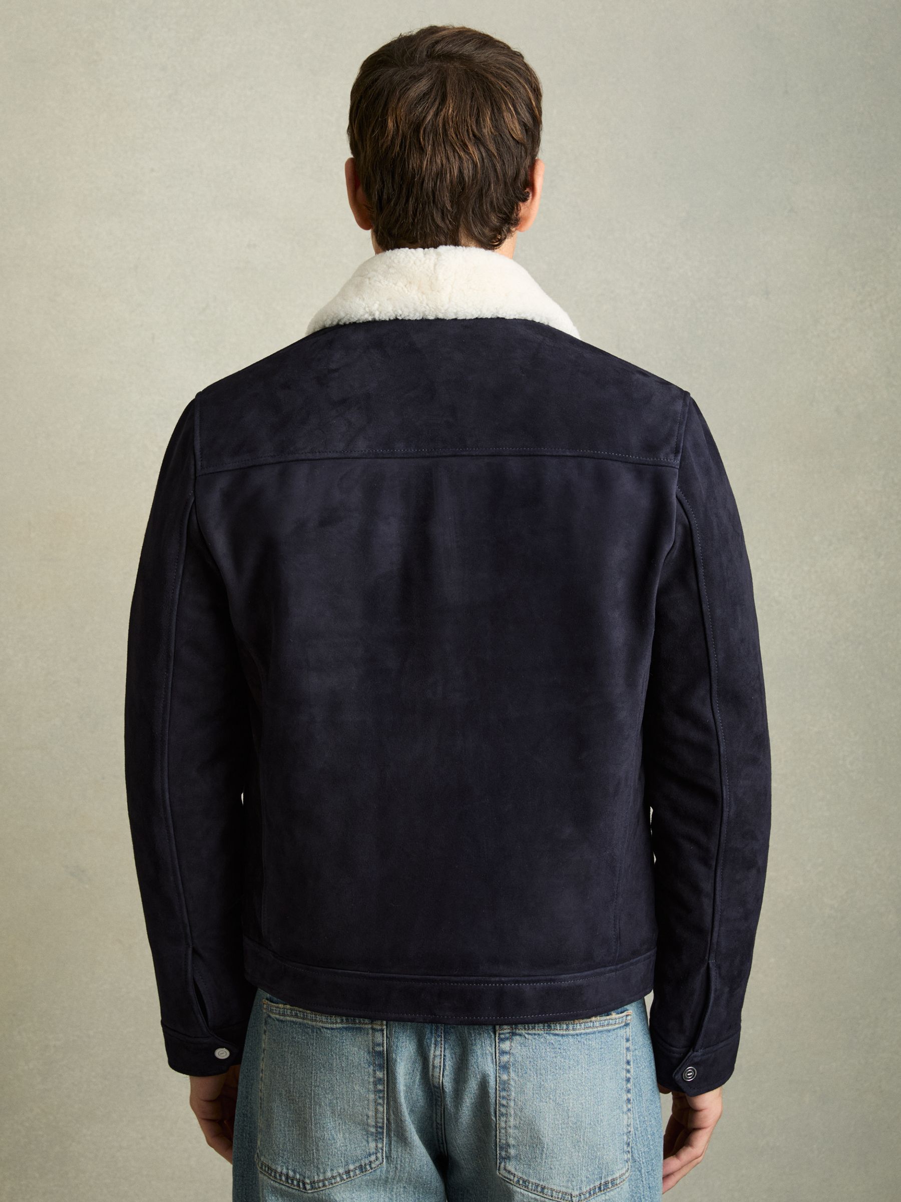 Suede Shearling-Collar Jacket in Navy - Image 5 of 7