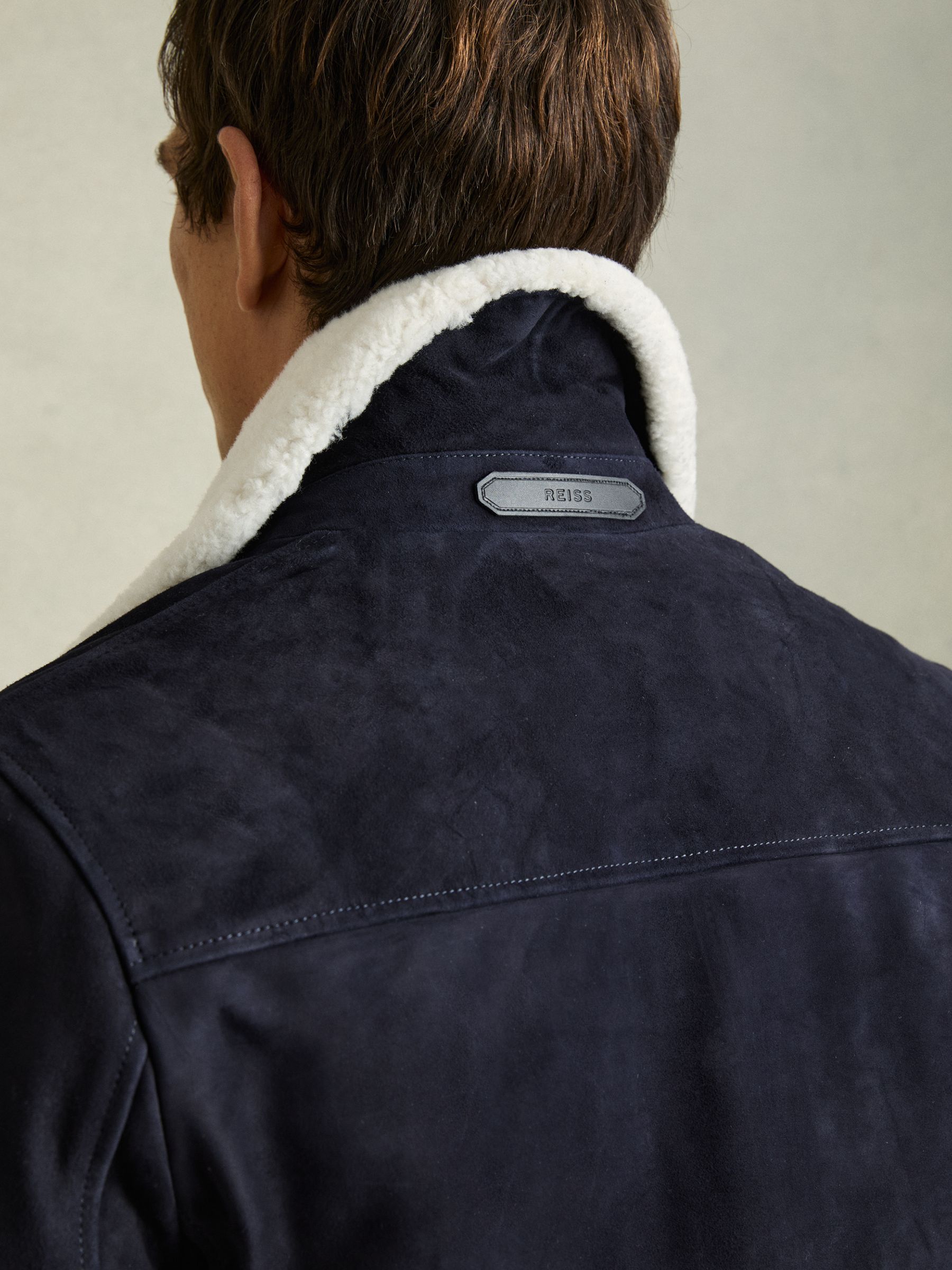 Suede Shearling-Collar Jacket in Navy - Image 6 of 7