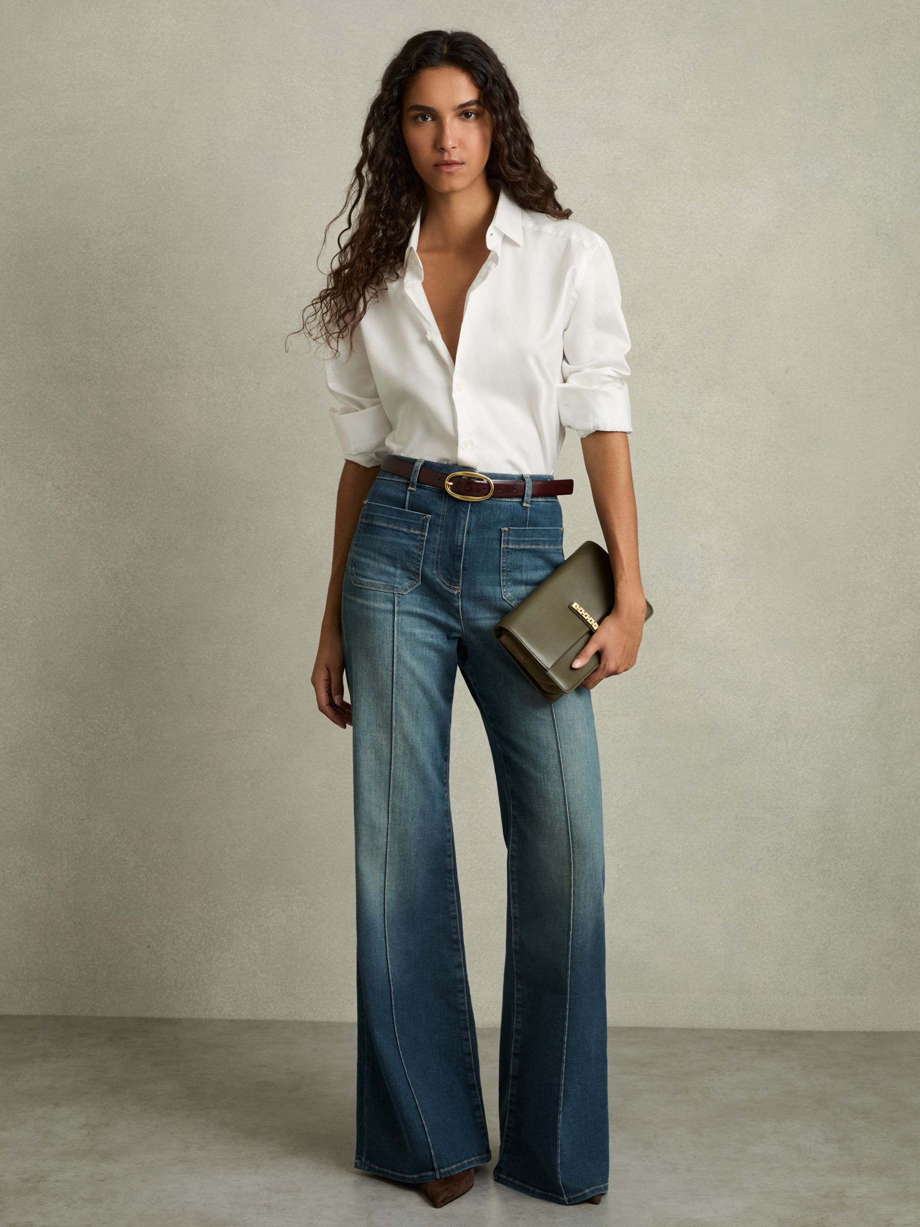 Patch Pocket Flared Jeans in Mid Blue - Image 1 of 9