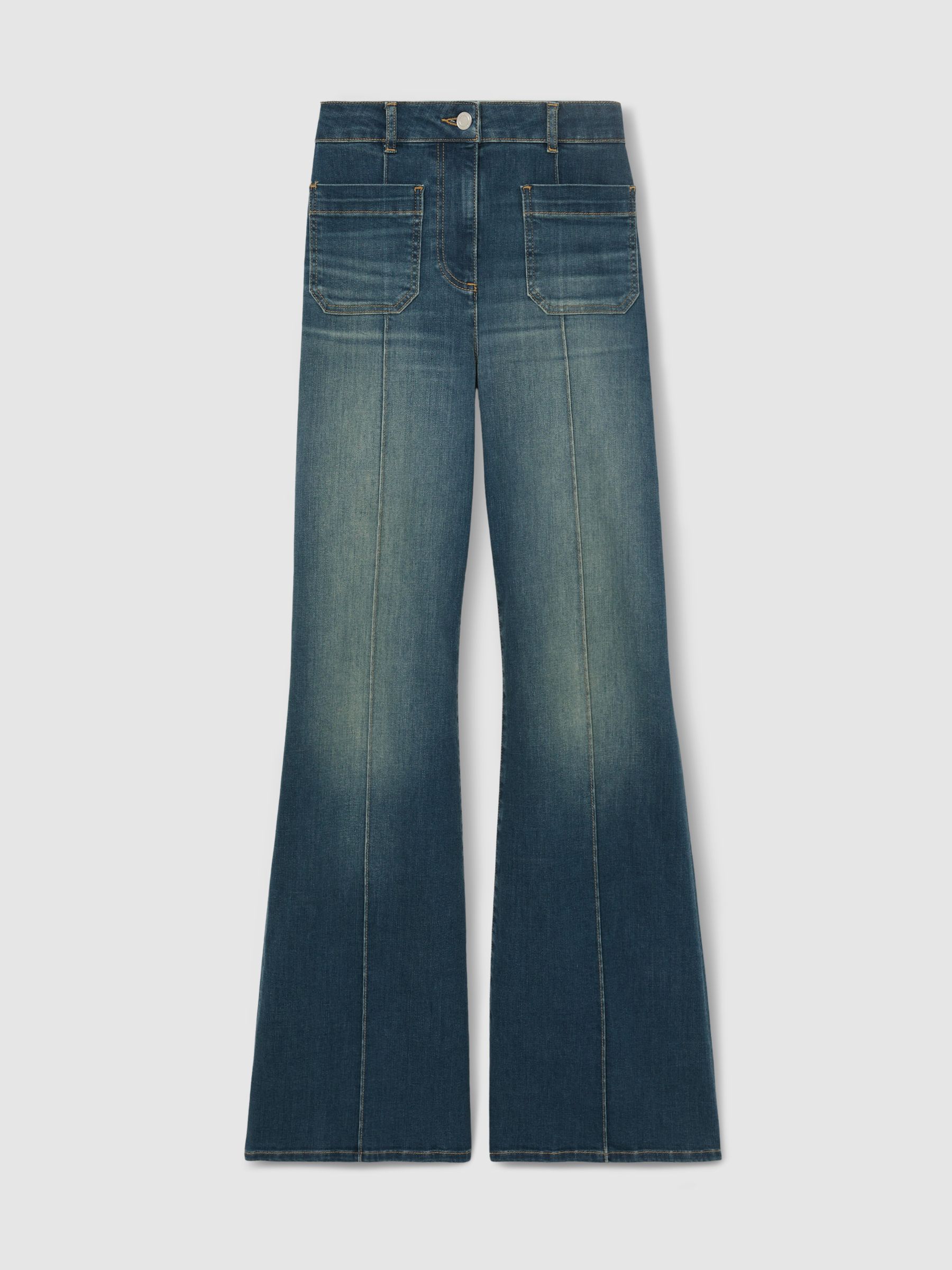 Patch Pocket Flared Jeans in Mid Blue - Image 2 of 9
