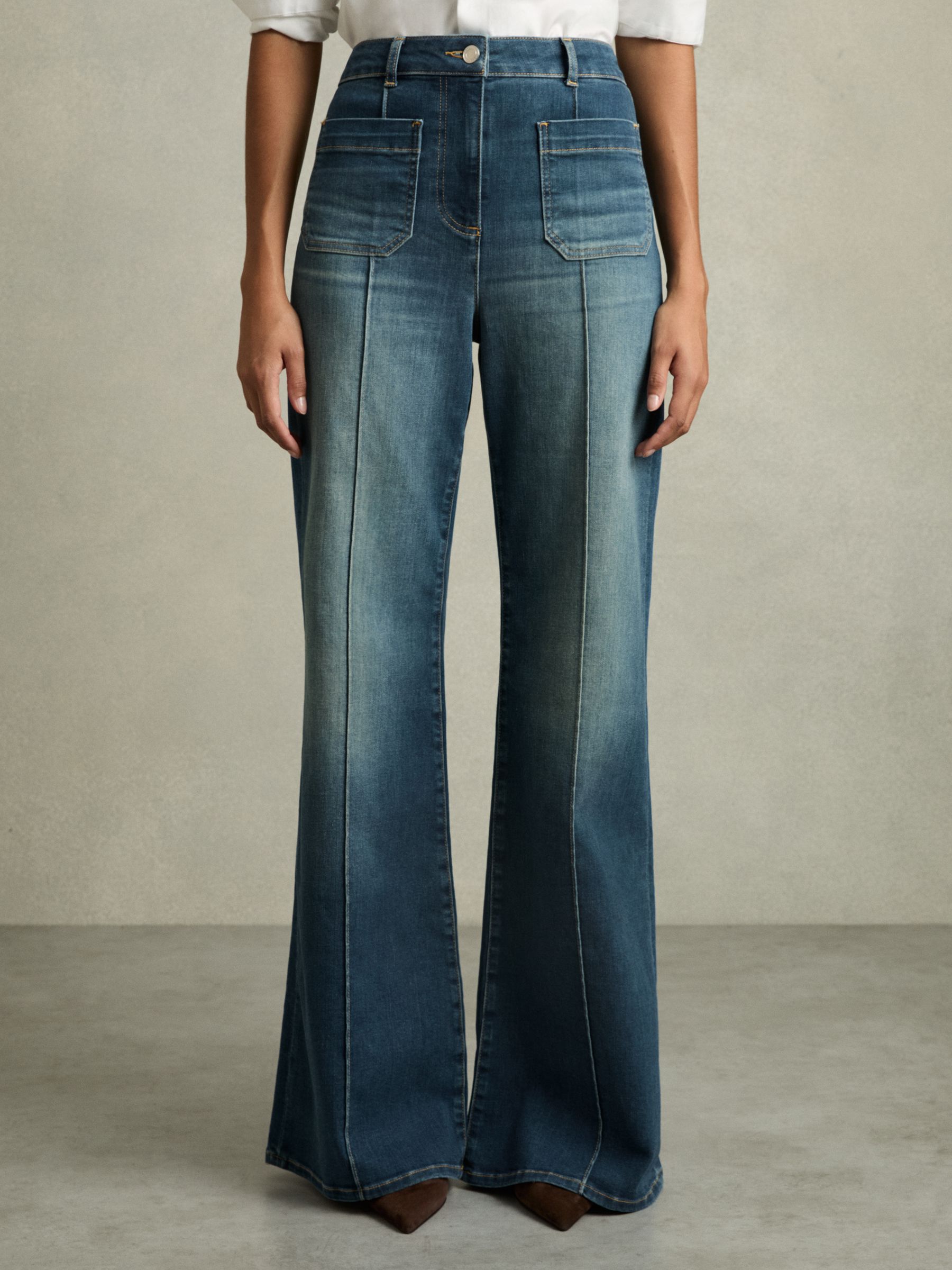 Patch Pocket Flared Jeans in Mid Blue - Image 4 of 9