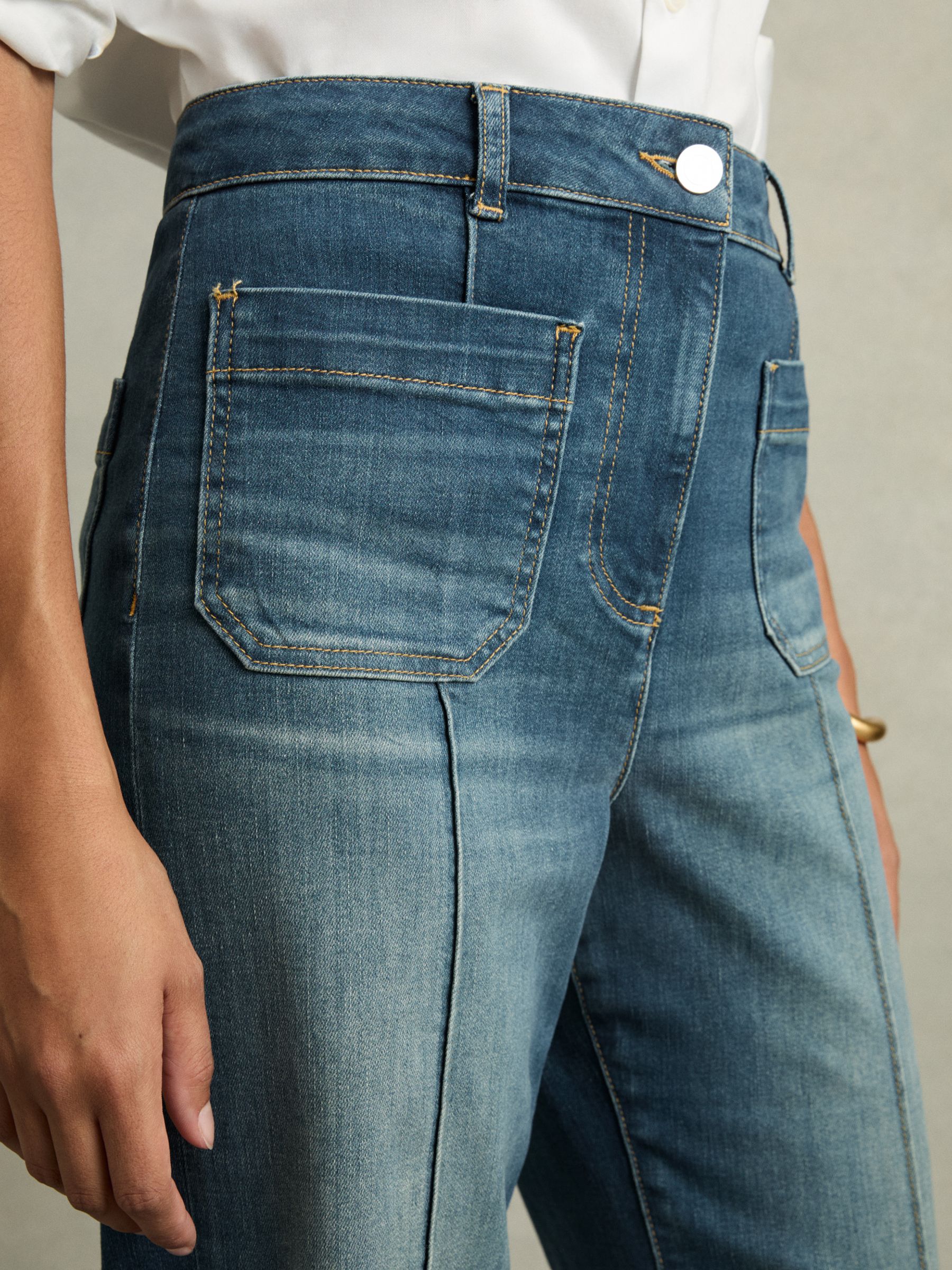 Patch Pocket Flared Jeans in Mid Blue - Image 5 of 9
