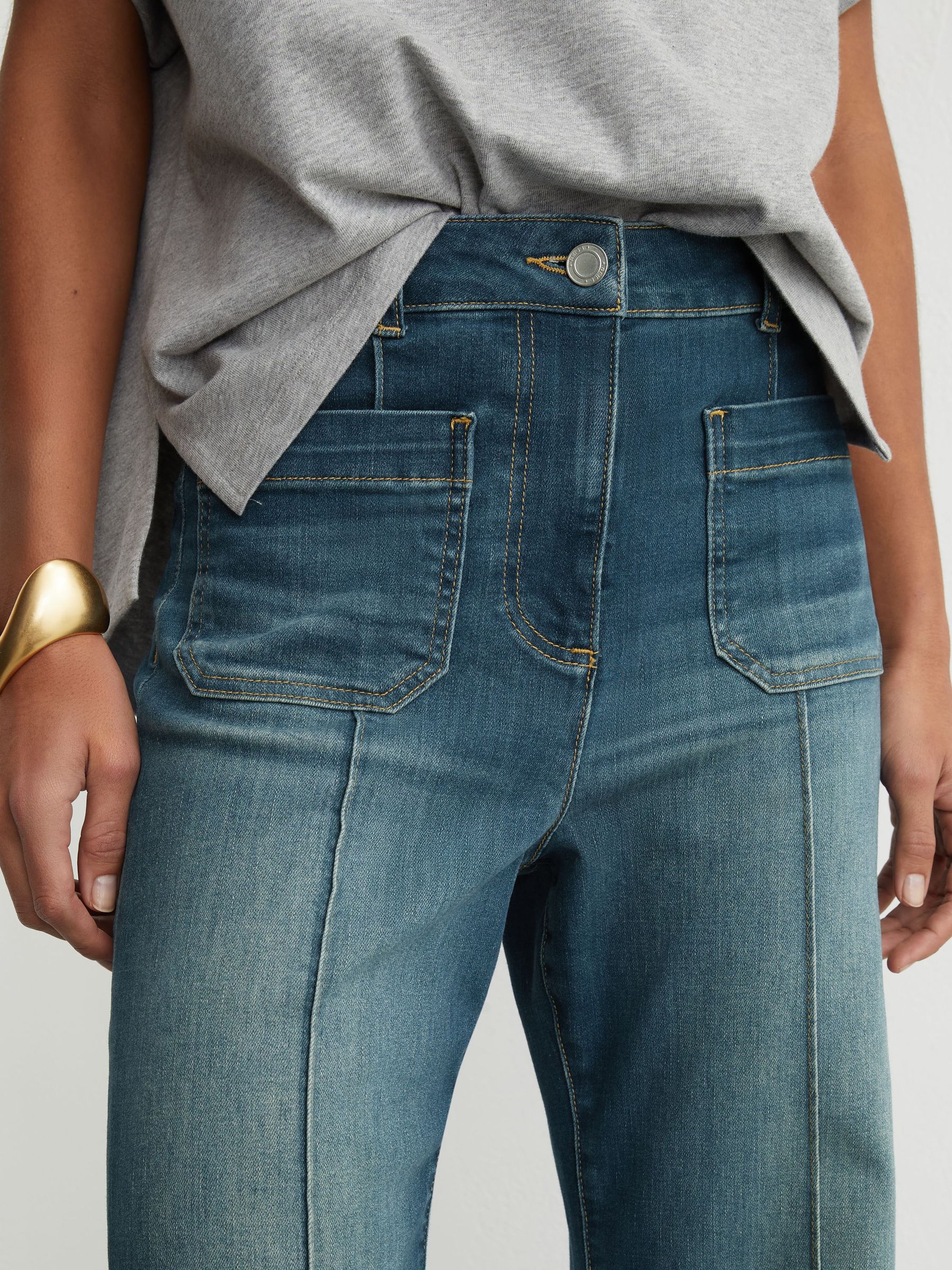Patch-Pocket Flared Jeans in Mid Blue - image 4