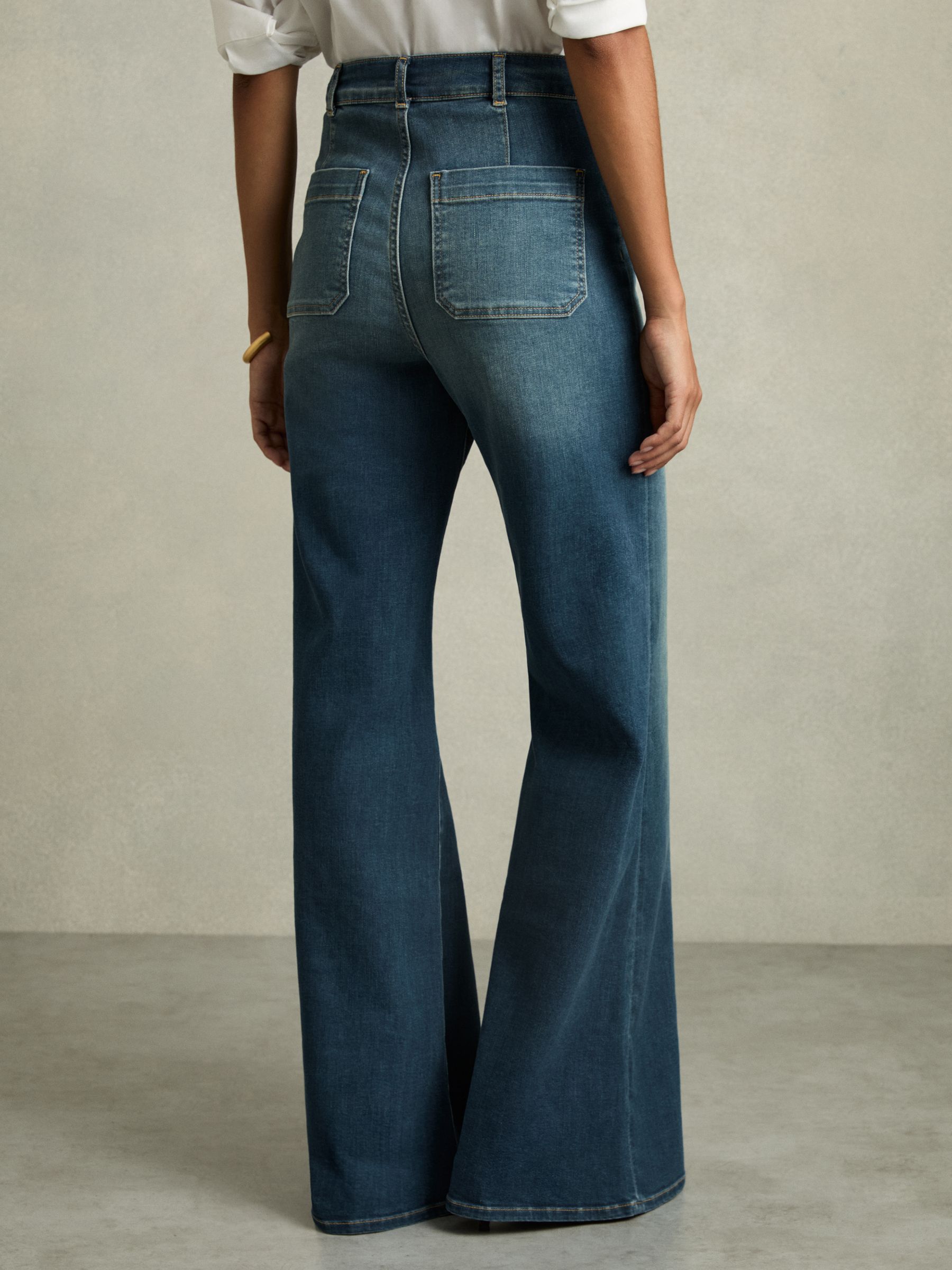 Patch Pocket Flared Jeans in Mid Blue - Image 6 of 9