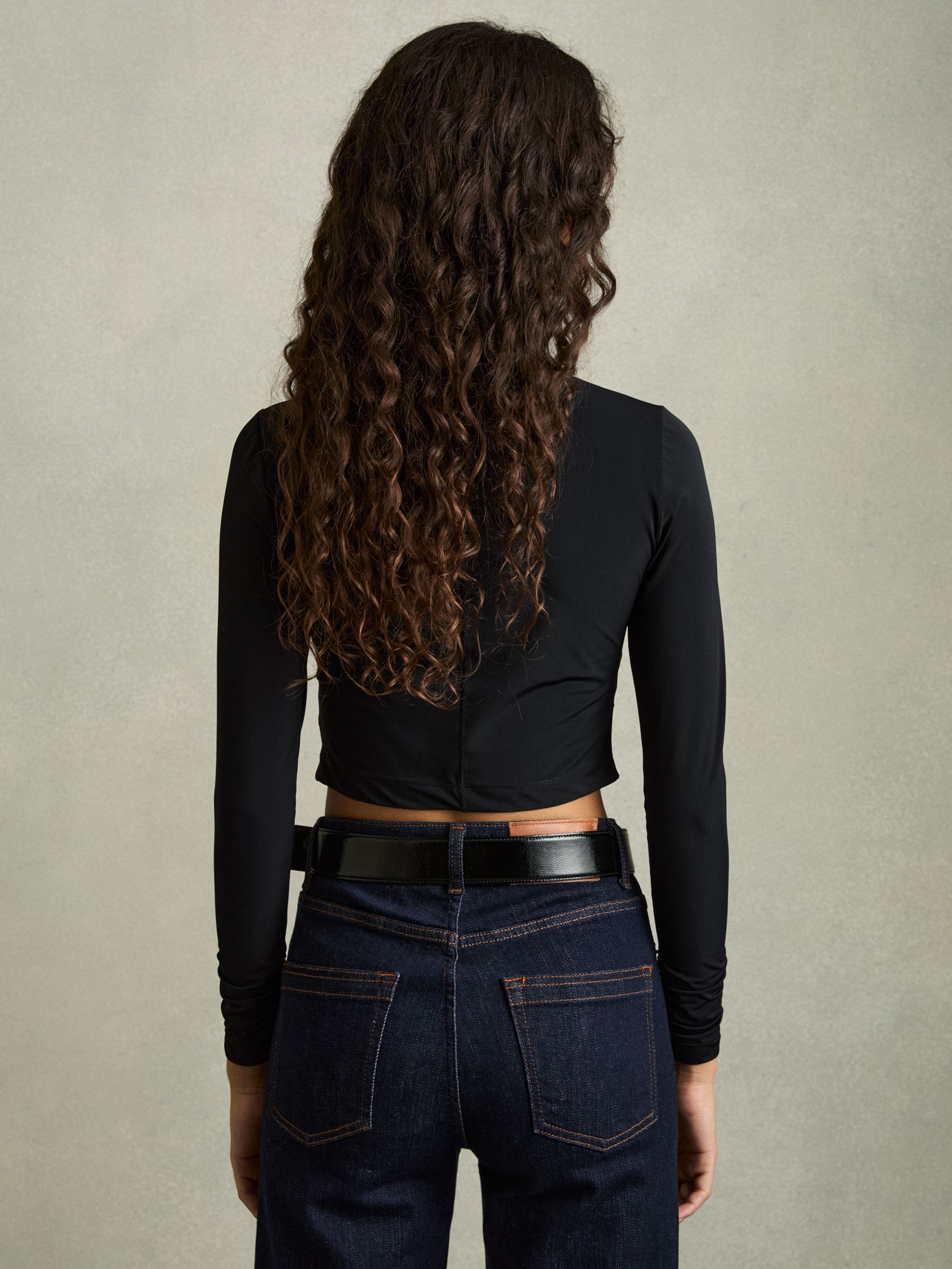 Jersey-Stretch Ruched Cropped Top in Black - Image 6 of 7