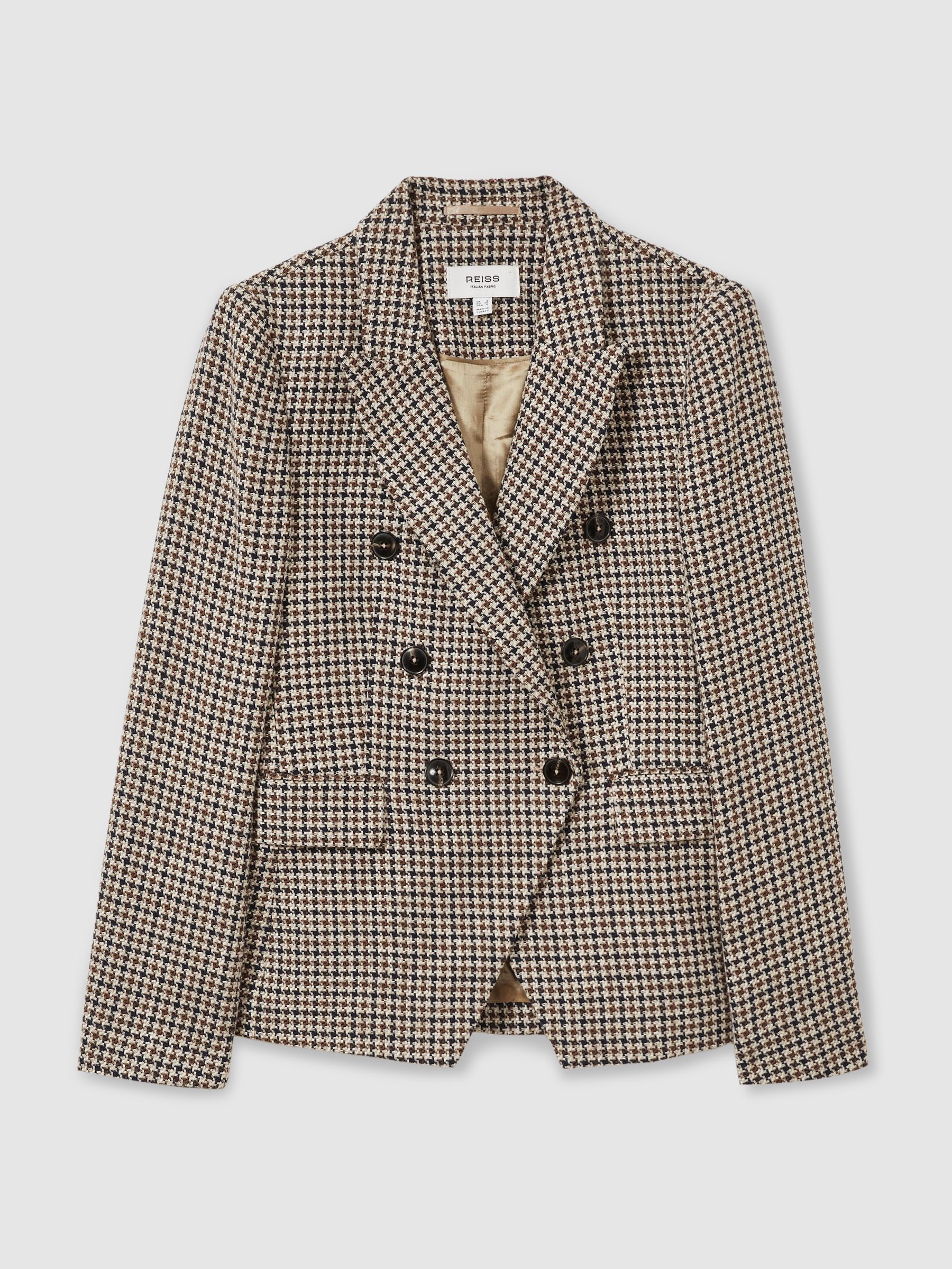 Cotton-Linen Double-Breasted Houndstooth-Check Blazer in Navy Neutral Check - Image 2 of 7