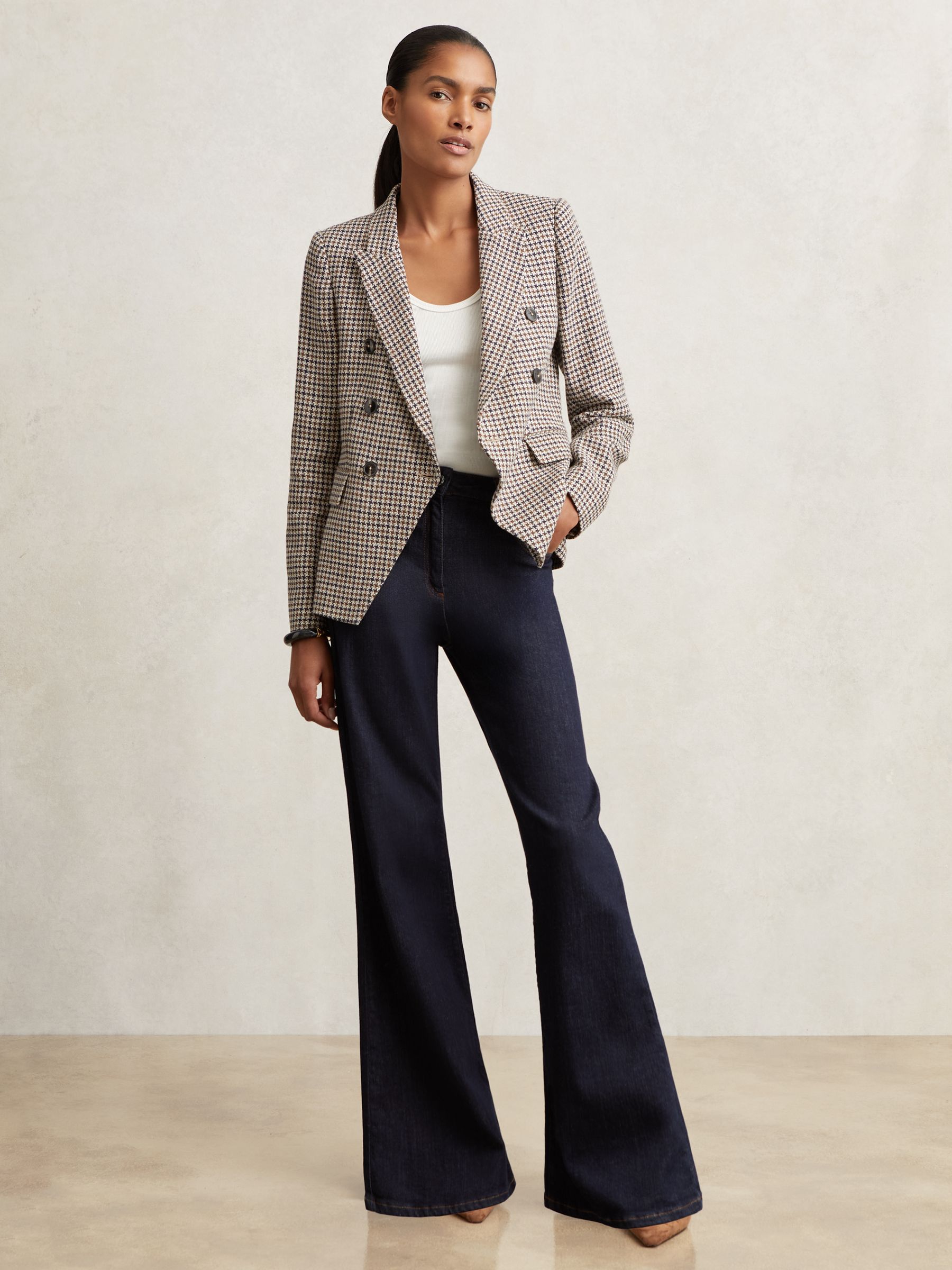 Reiss Cotton-Linen Double-Breasted Houndstooth-Check Blazer